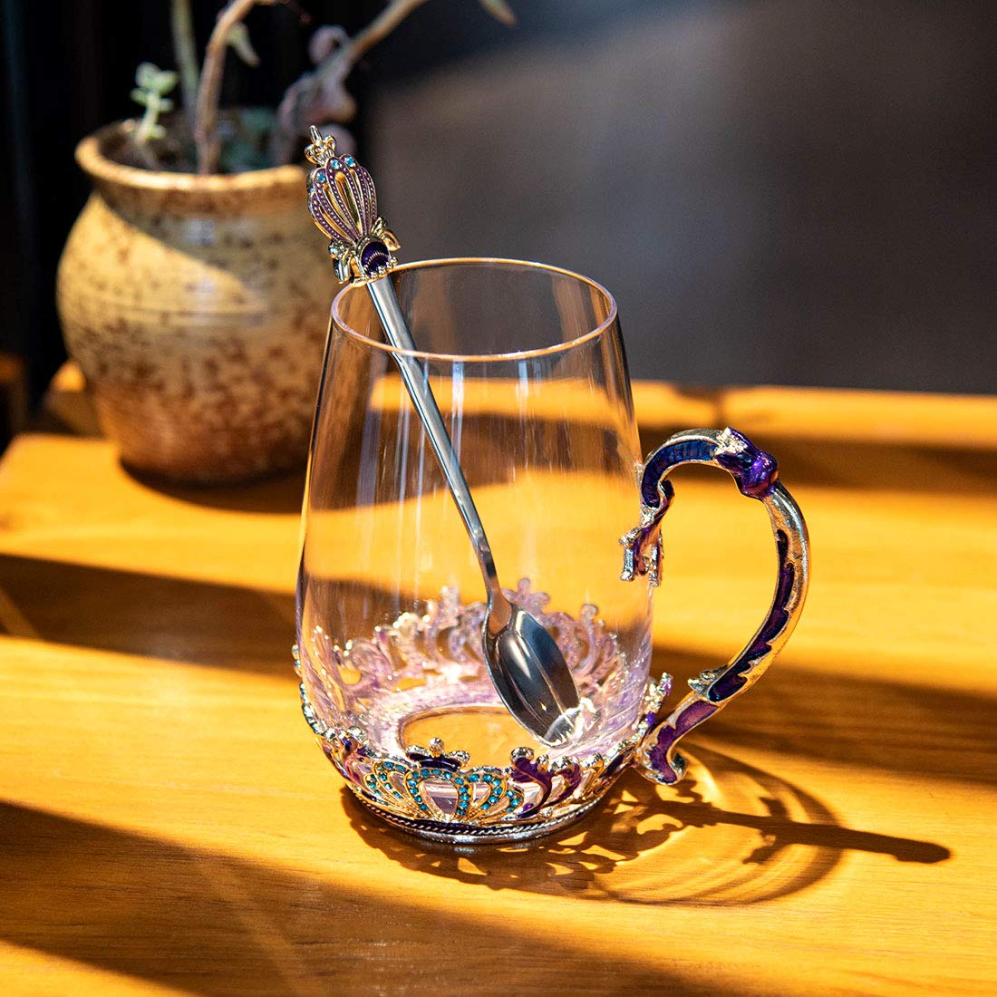 Swthony Glass Tea Cup Mug With Spoon European Style Carved Flower Glass Coffee Mugs Cups Set Rhinestone Glass Drinking Fancy Tea