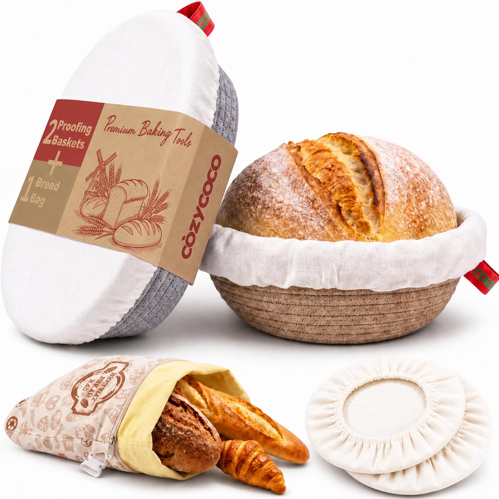 COZYCOCO Sourdough Banneton Bread Proofing Basket with Beeswax Bag Set