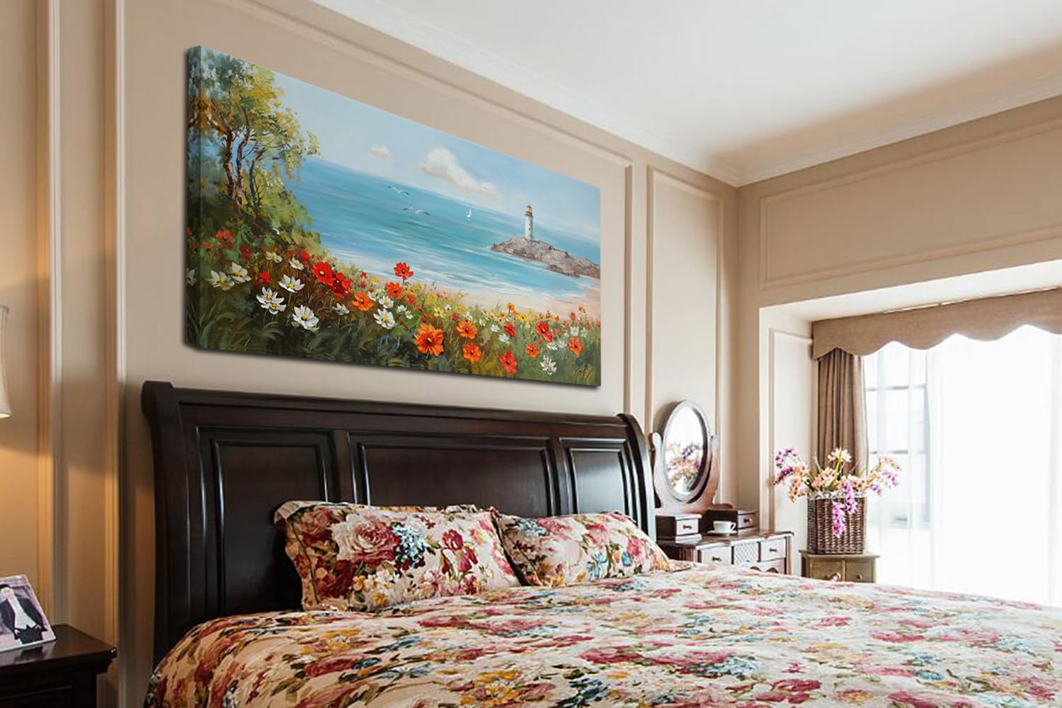 Ardemy Flowers Wall Art Canvas Blue Ocean Lighthouse Painting Seascape Landscape Coastal Picture Textured Floral Artwork Large F