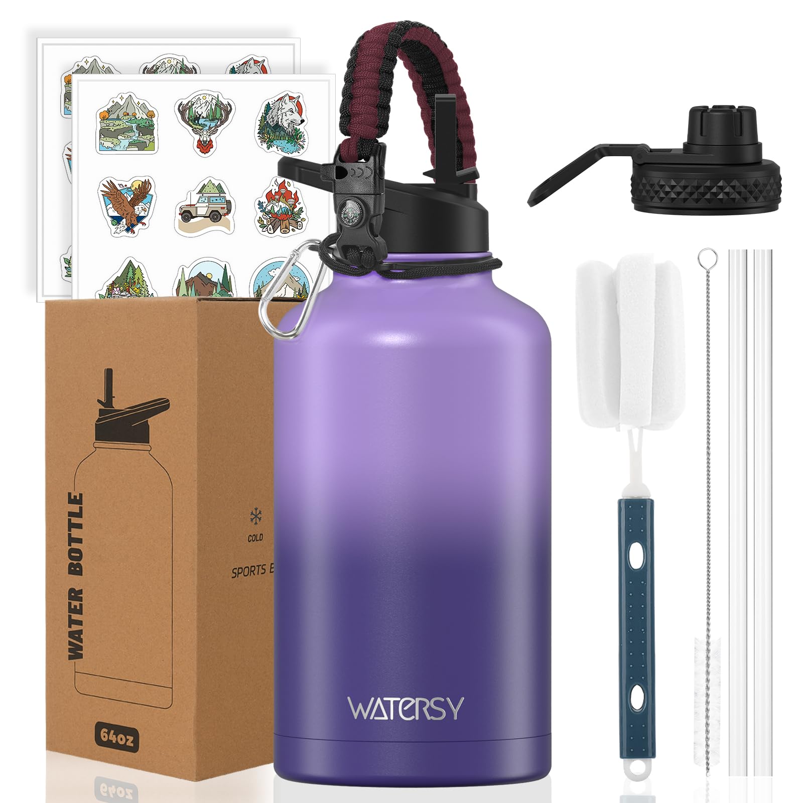 64 oz Water Bottle with Straw & 2 Lids  BPA Free, Half Gallon Insulated Stainless Steel Water Jug with Handle  Large Leak Proo
