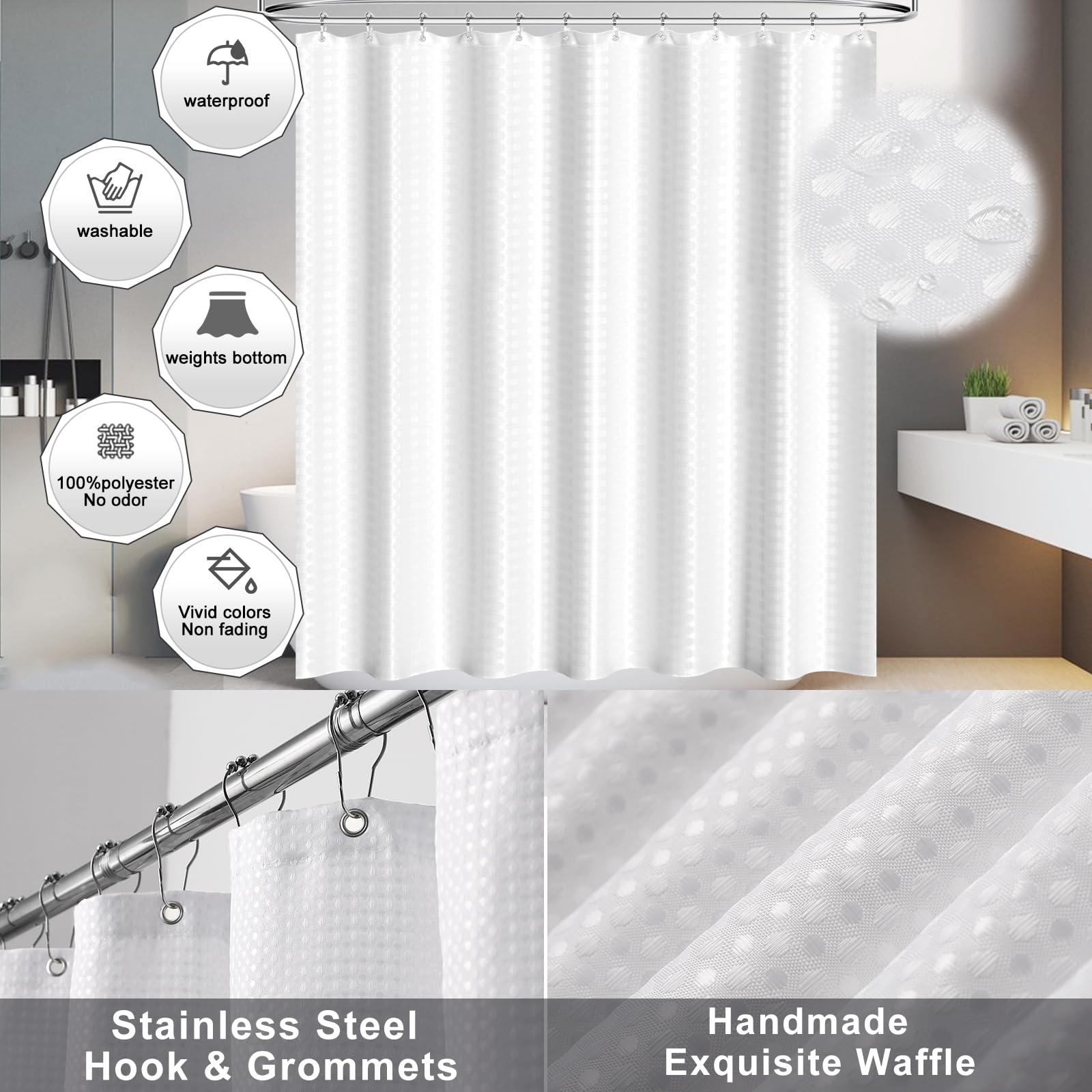 White Bathroom Sets Accessories With Waffle Shower Curtain And Bath Mats,Bathroom Sets With Trash Can,Toothbrush Holder,Toothbru