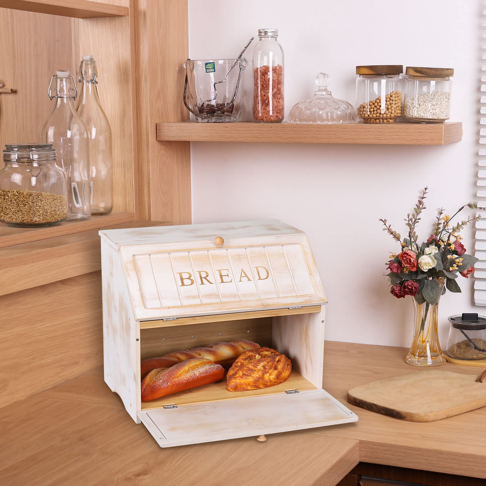 Homekoko Vintage Double Layer Large Bread Box For Kitchen Counter, Retro Design Vintage Wooden Large Capacity Bread Storage Bin