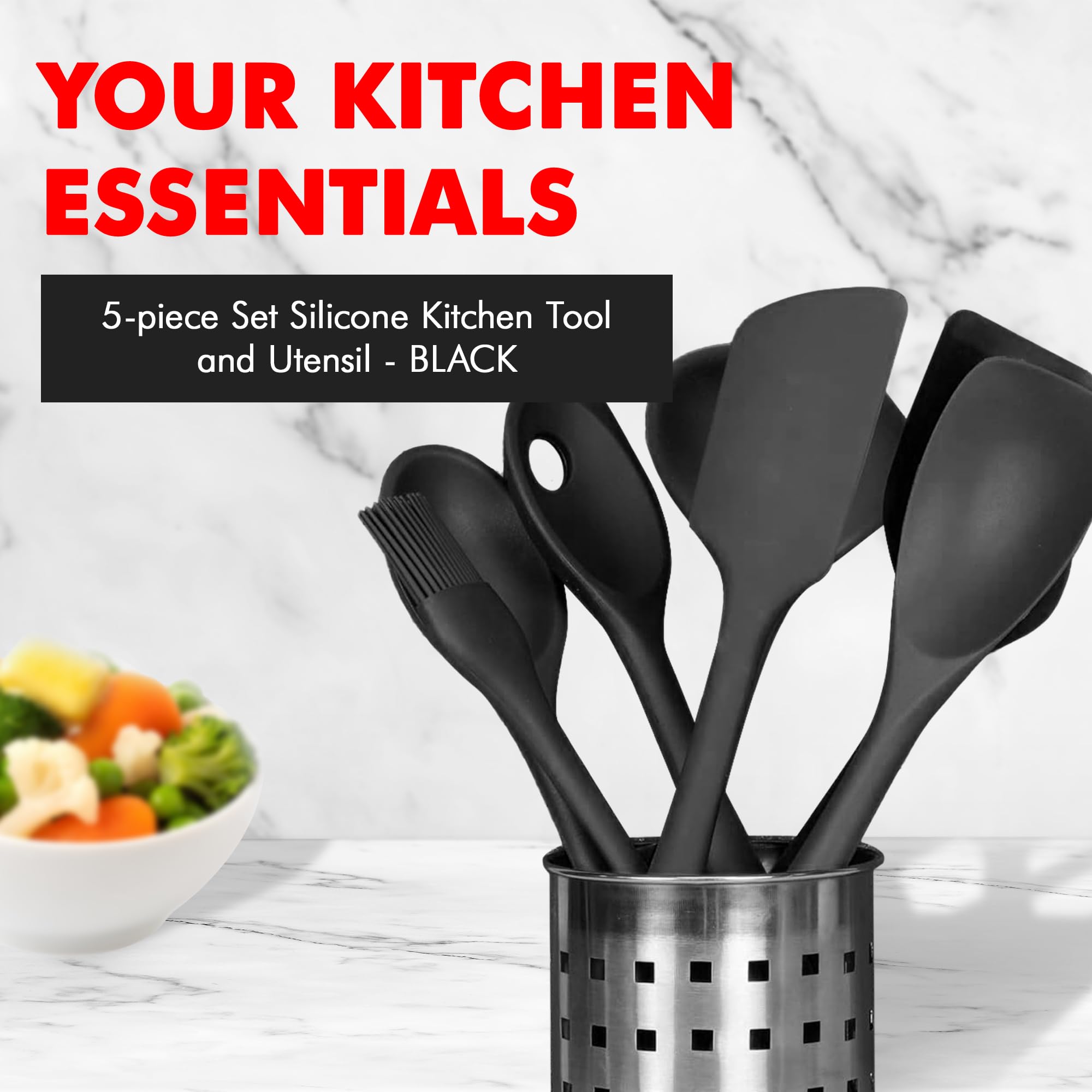 Chef Craft Premium Silicone Kitchen Tool And Utensil, 5 Piece Set, Black