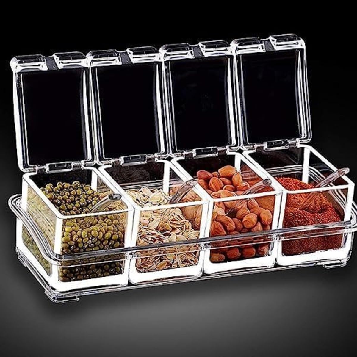 Abter Crystal Clear Acrylic Spice Rack Set With 4 Boxes And Spoons For Kitchen Masala Storage