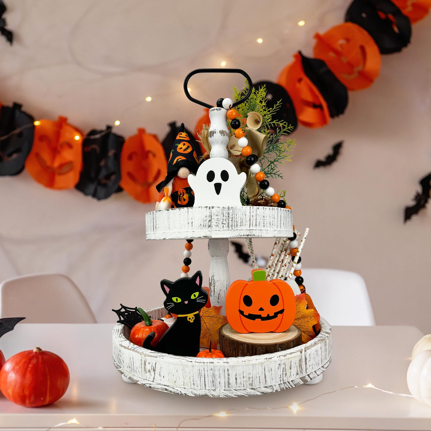 Halloween Decorations for Indoor Home 3 Pcs, Cute Wooden Pumpkin Ghost Black Cat Decor for Tabletop Tiered Tray, Halloween Cente