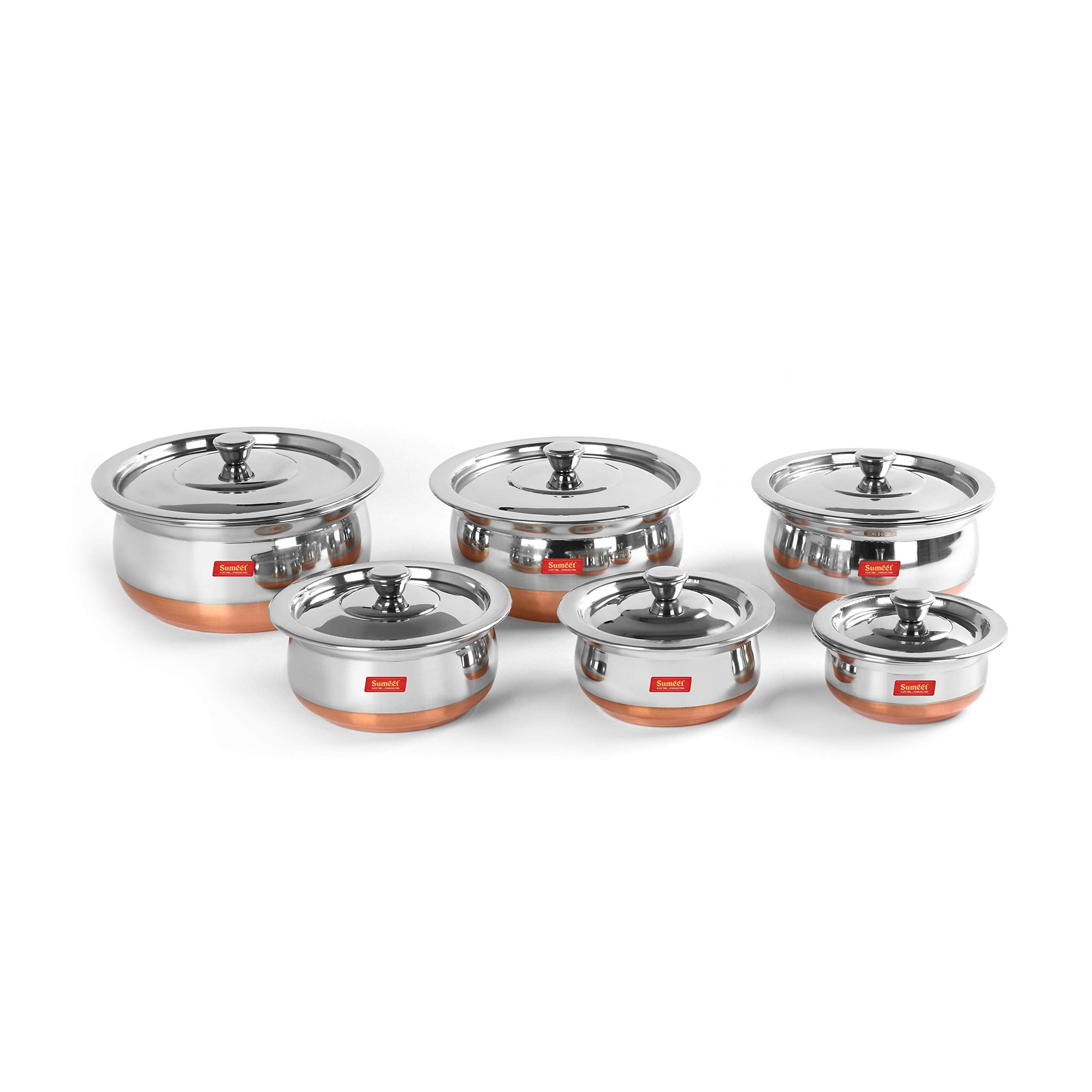Sumeet Stainless Steel Copper Bottom 6 Pc Handi Cookware Servware Pot Set with Lid 360ML  500ML  800ML  1Ltr  1.250Ltr  1.650Ltr (Silver)