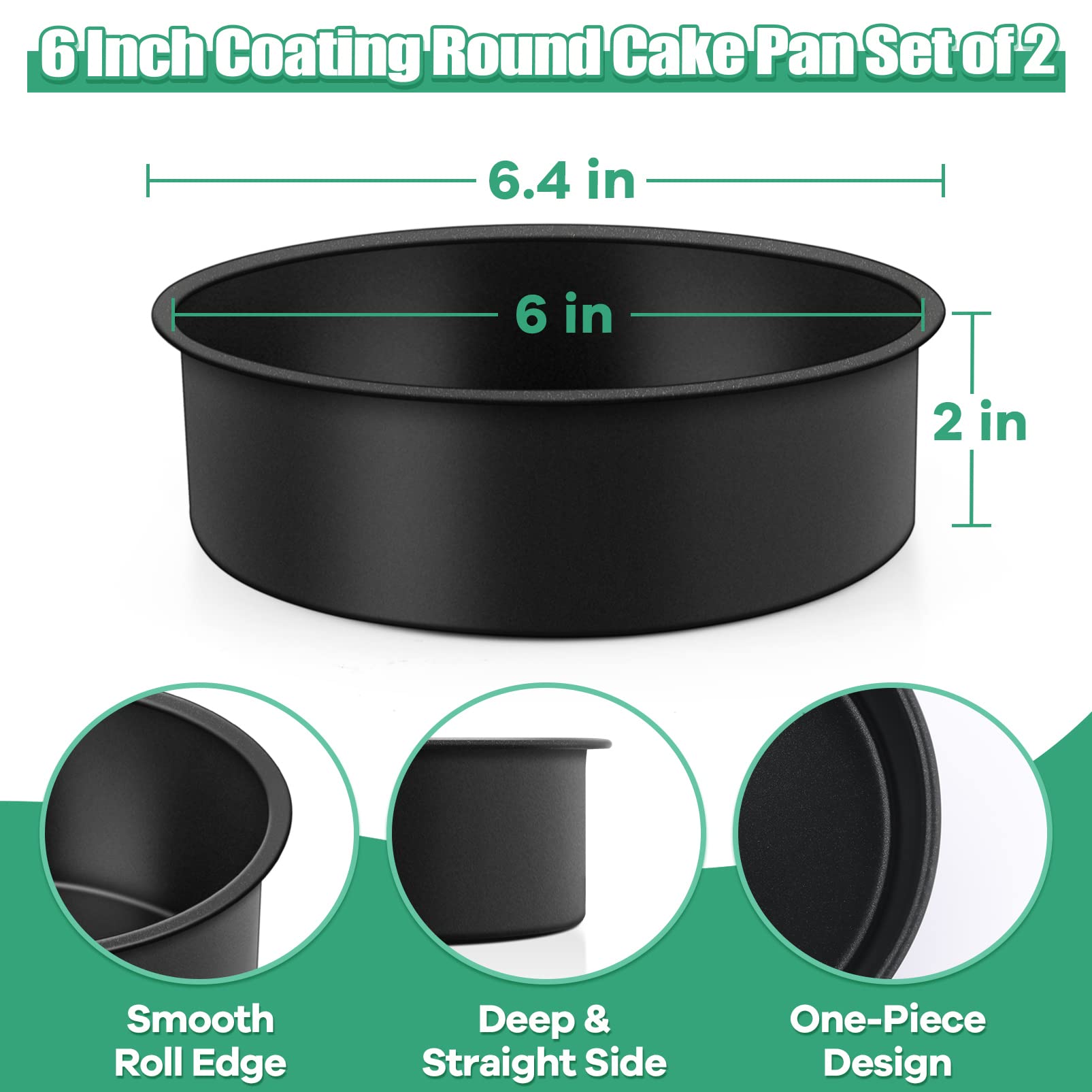 Teamfar 6 Inch Cake Pan, Round Baking Layer Cake Pan Set Of 2, With Non-Stick Coating Stainless Steel Core For Birthday, Party,