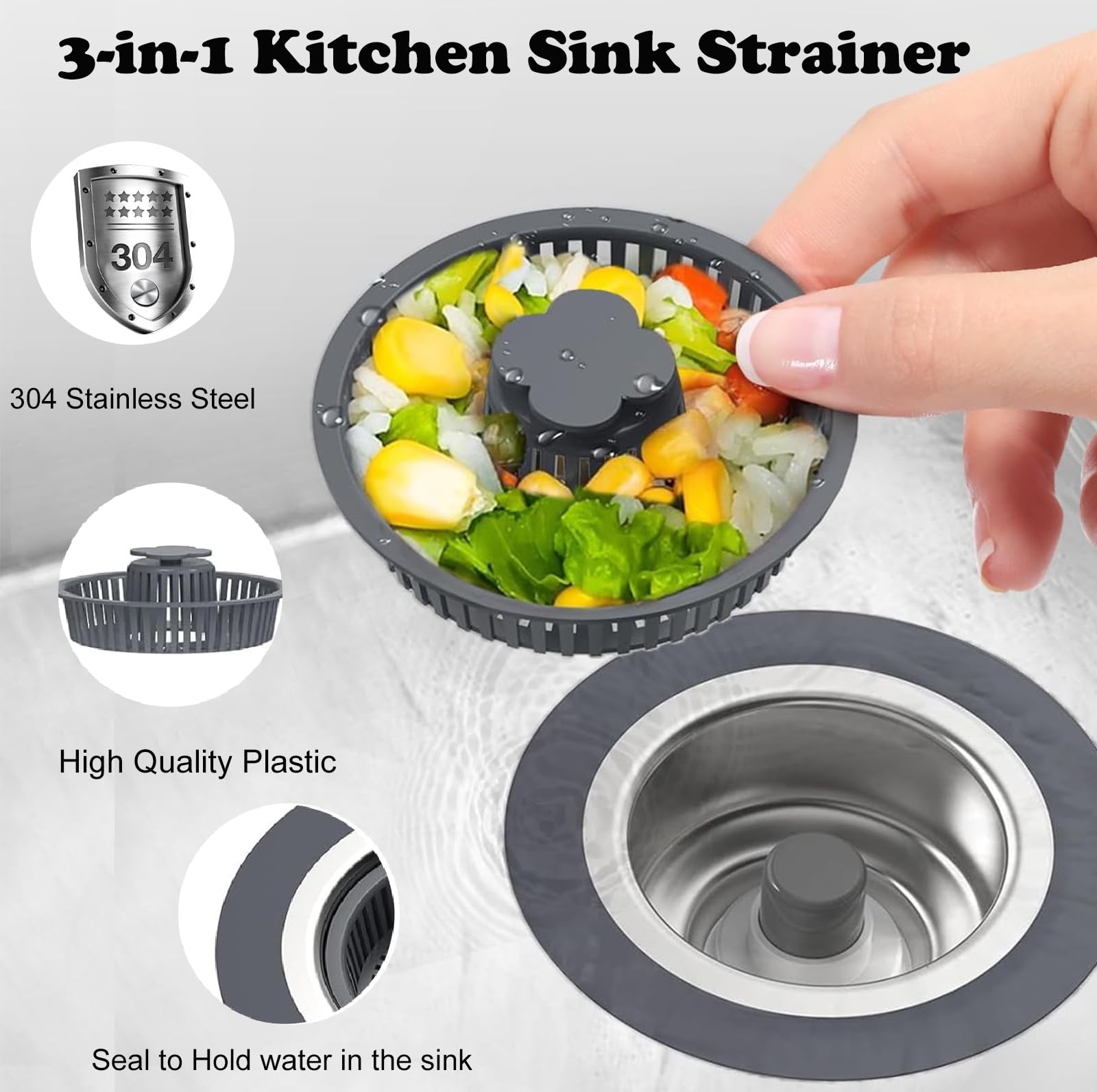 2 Pack Upgraded 3 In 1 Kitchen Sink Drain Strainer And Stopper, Stainless Steel Sink Bounce Core Drain Strainer, Pop Up Anti-Clo