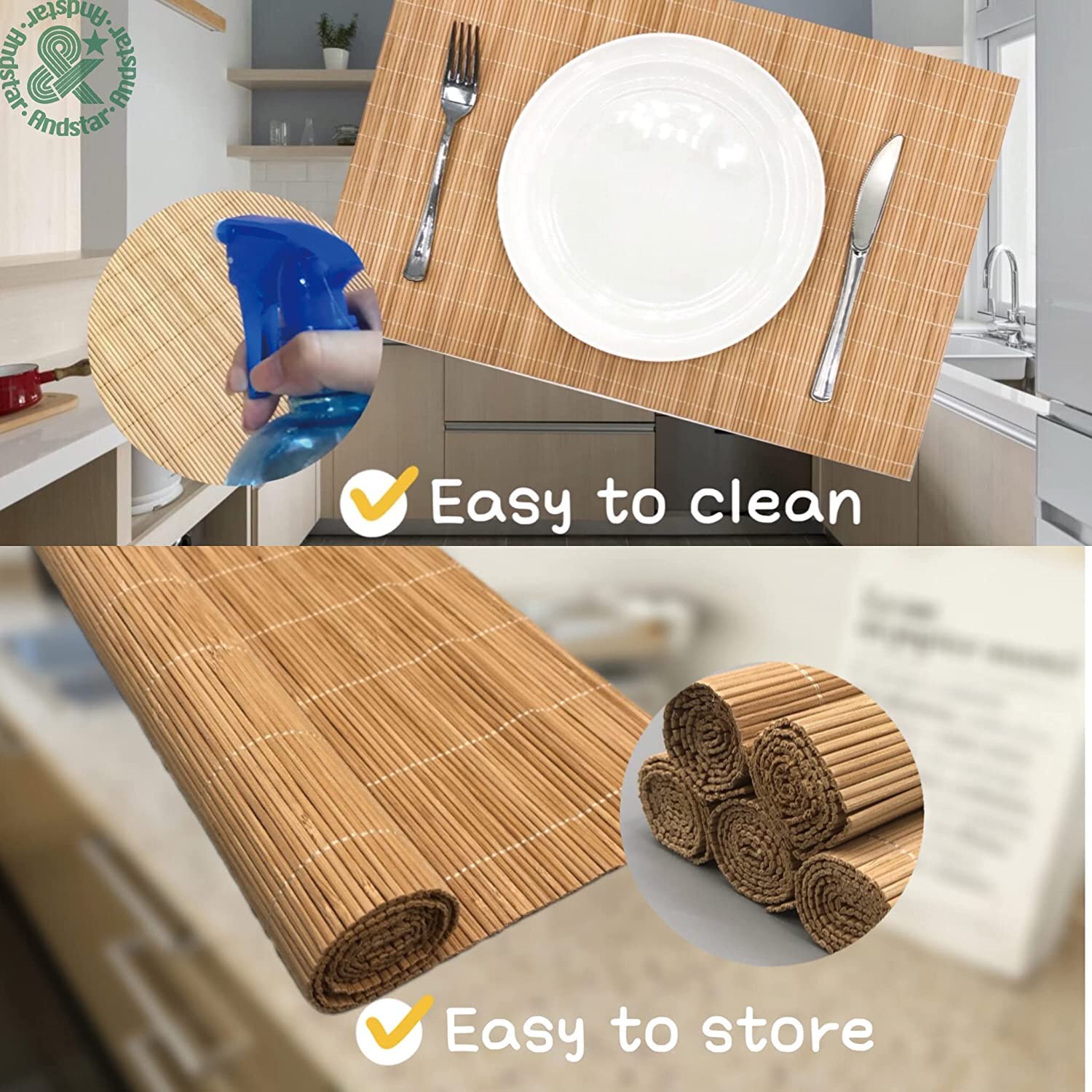 Andstar Set Of 12 Pcs Bamboo Placemats Natural Anti-Slip Bamboo Placemats Washable Heat-Resistant Table Mats For Dining Room And