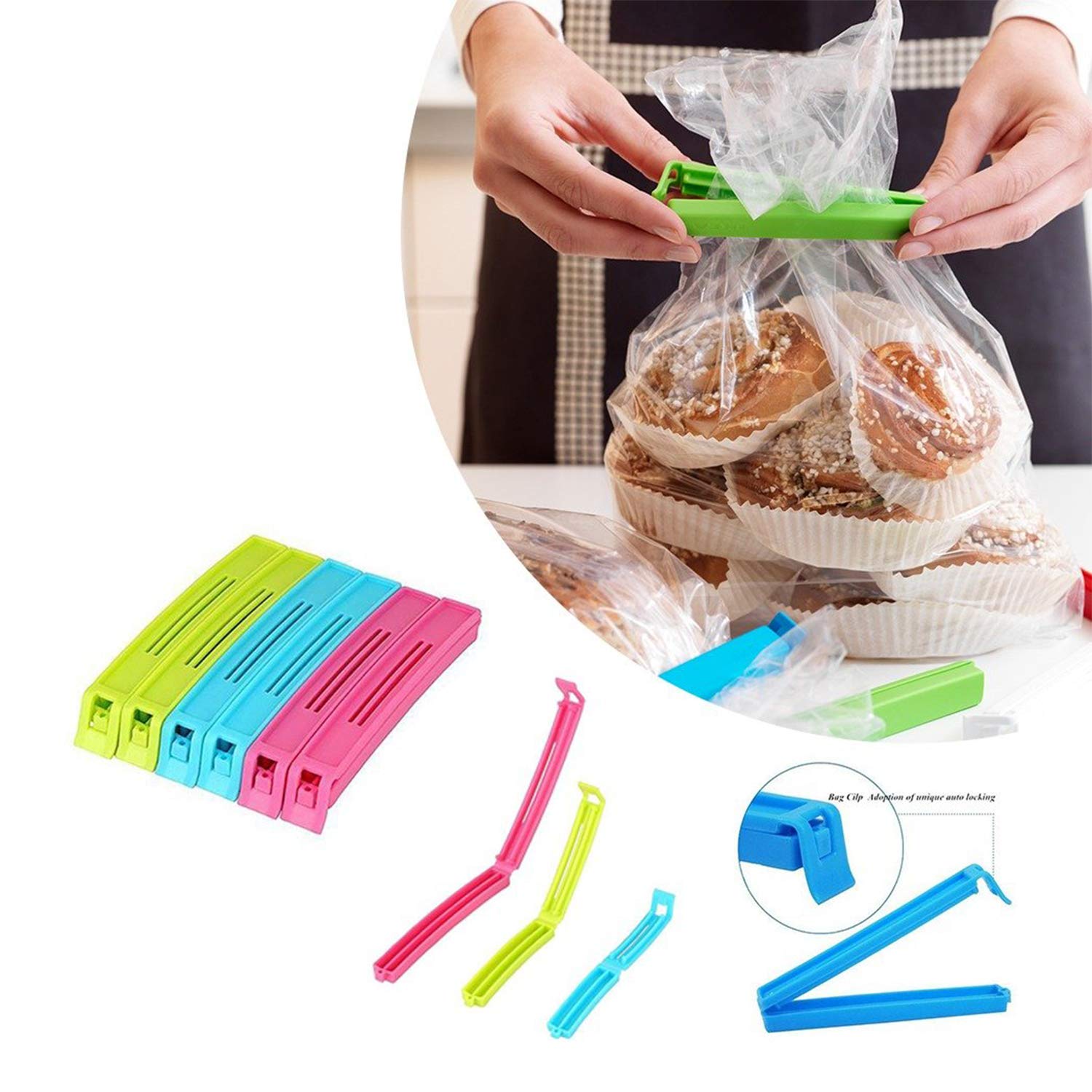 Kitchenwell 18 Pcs - 3 Different Size Plastic Food Snack Bag Pouch Clip Sealer Large, Medium, Small Plastic Snack Seal Sealing B