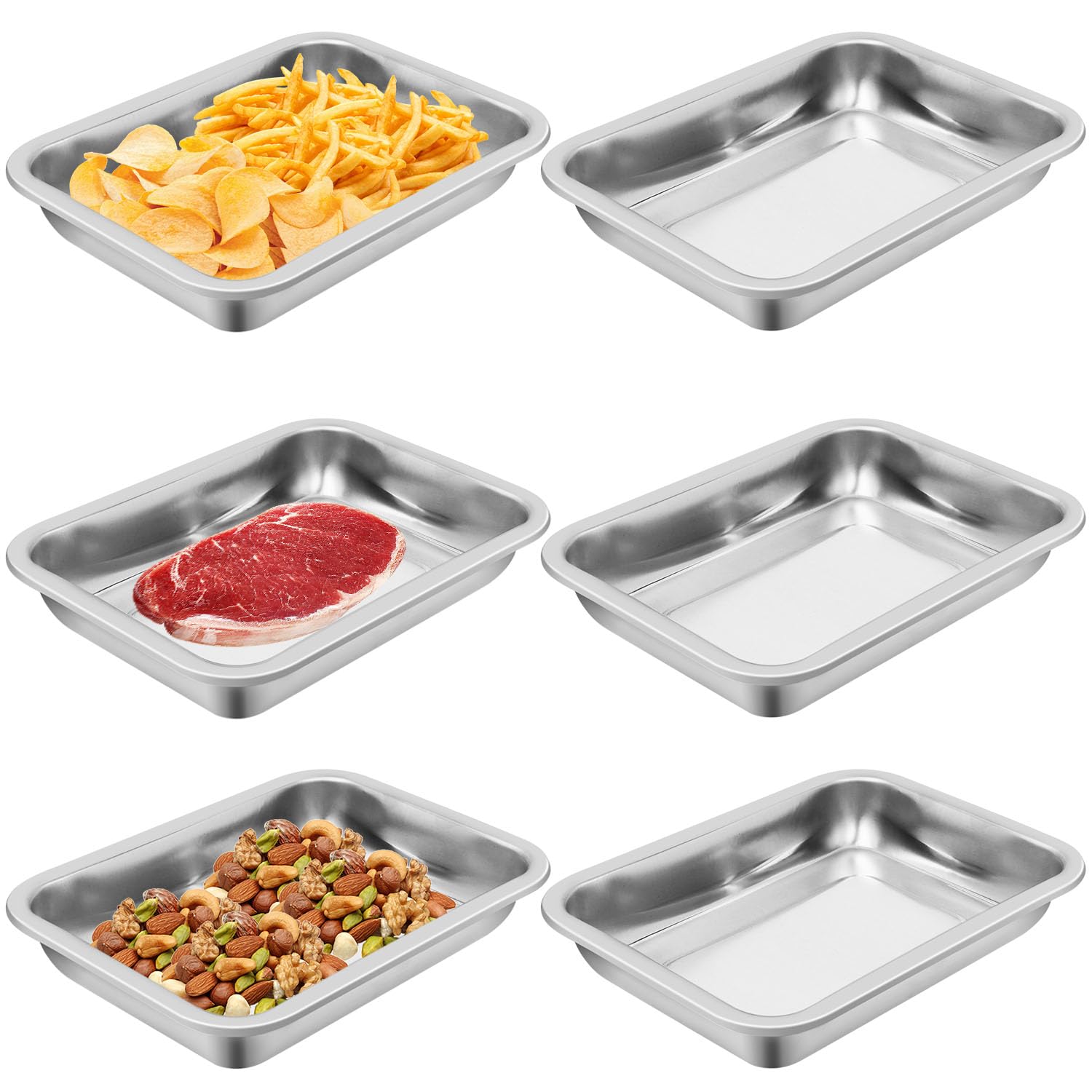 Biugaaufai 6 Pack 201 Stainless Steel Breading Trays Set, 10.6 x 7.9 x 1.9 Inch Food Prep Trays, Stainless Large Breading Pan, S