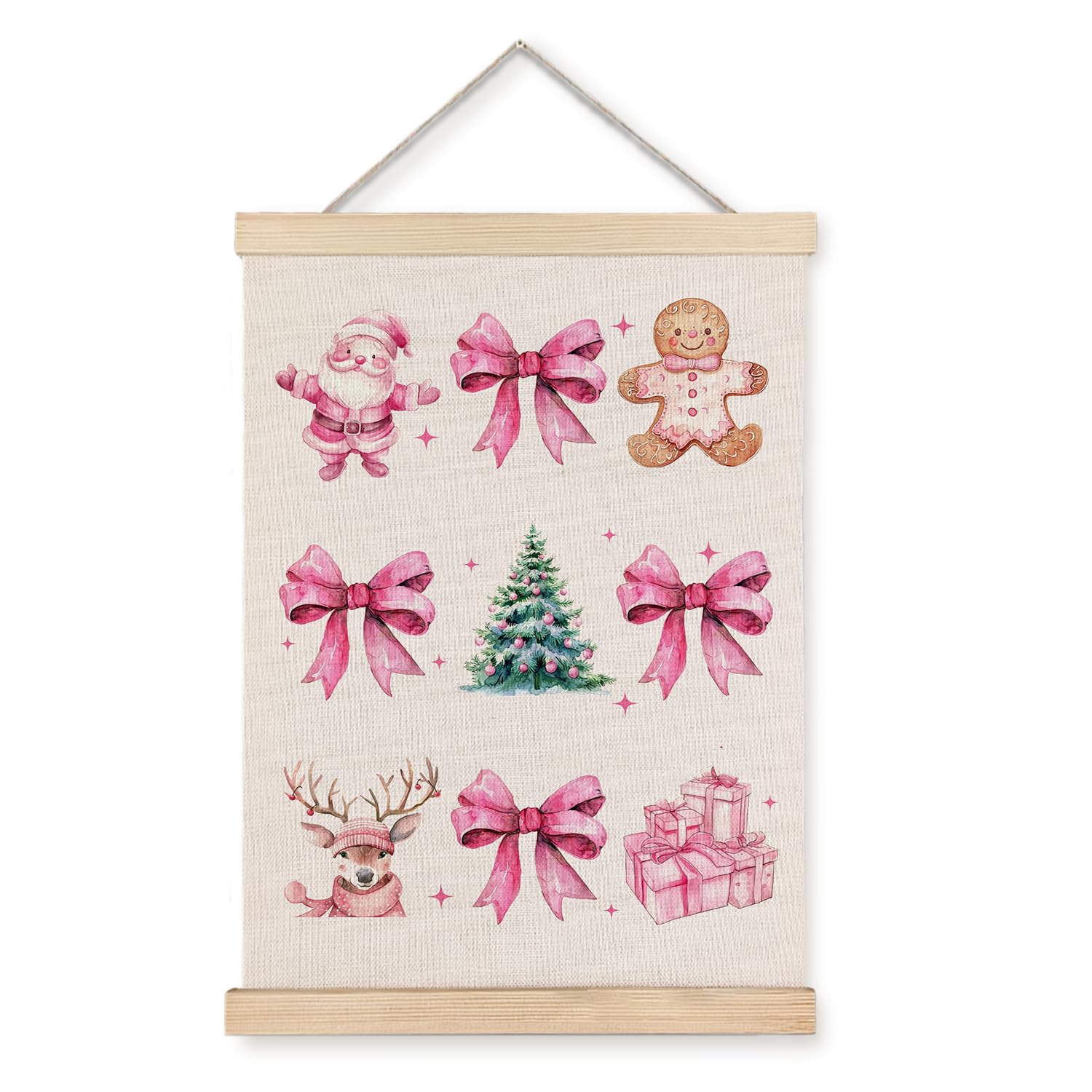Pink Christmas Wall Decor, Coquette Christmas Pink Bow Gingerbread Wall Art With Wooden Poster Hanger, Christmas Wall Decoration