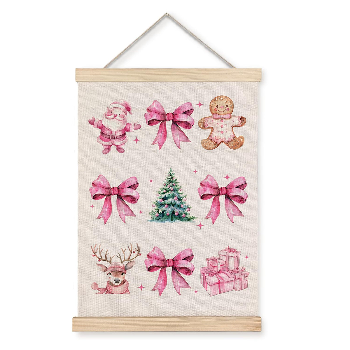 Pink Christmas Wall Decor, Coquette Christmas Pink Bow Gingerbread Wall Art With Wooden Poster Hanger, Christmas Wall Decoration