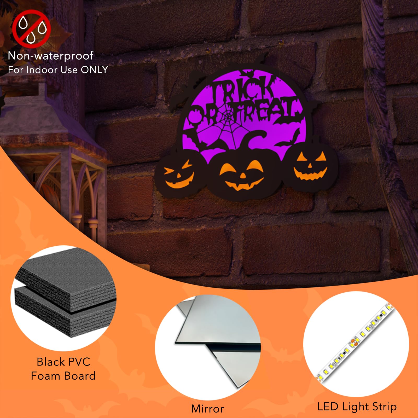 Halloween Pumpkin Lights, LED Connected Jack O Lantern With Light Up Purple Moons, Bat Spider Web & Trick or Treat Wording, USB