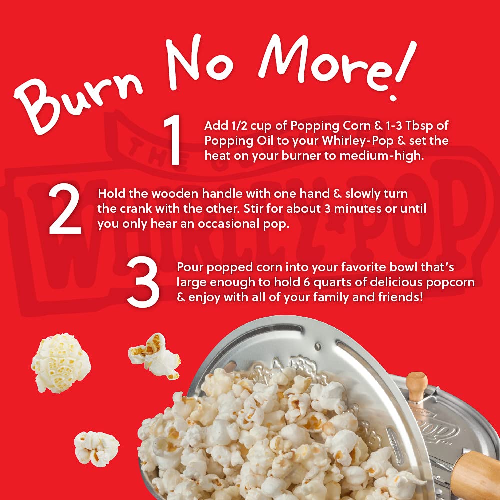 Wabash Valley Farms Red Whirley Pop - Original Whirley Pop 3-Minute Popcorn Maker, Large 6-Quarts Capacity, Metal Pan With Nylon