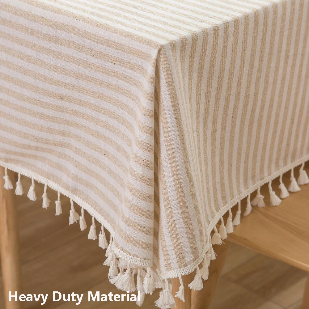 Trudelve Cotton Blend Tablecloth Beige Striped Tablecloth With Tassels Boho Tablecloths For Rectangle Tables (Beige,86''X55'',Re