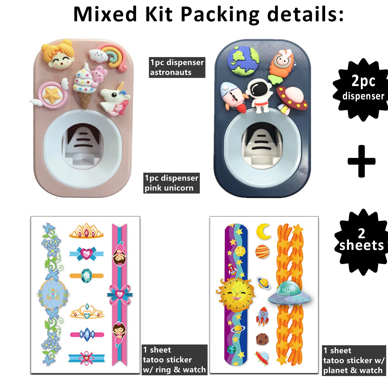 Automatic Kid Toothpaste Dispenser Wall Mounted for Bathroom Toothpaste Squeezer for Kids & Family Shower by Mr. Thumbs (2pc Astronaut& Unicorn)