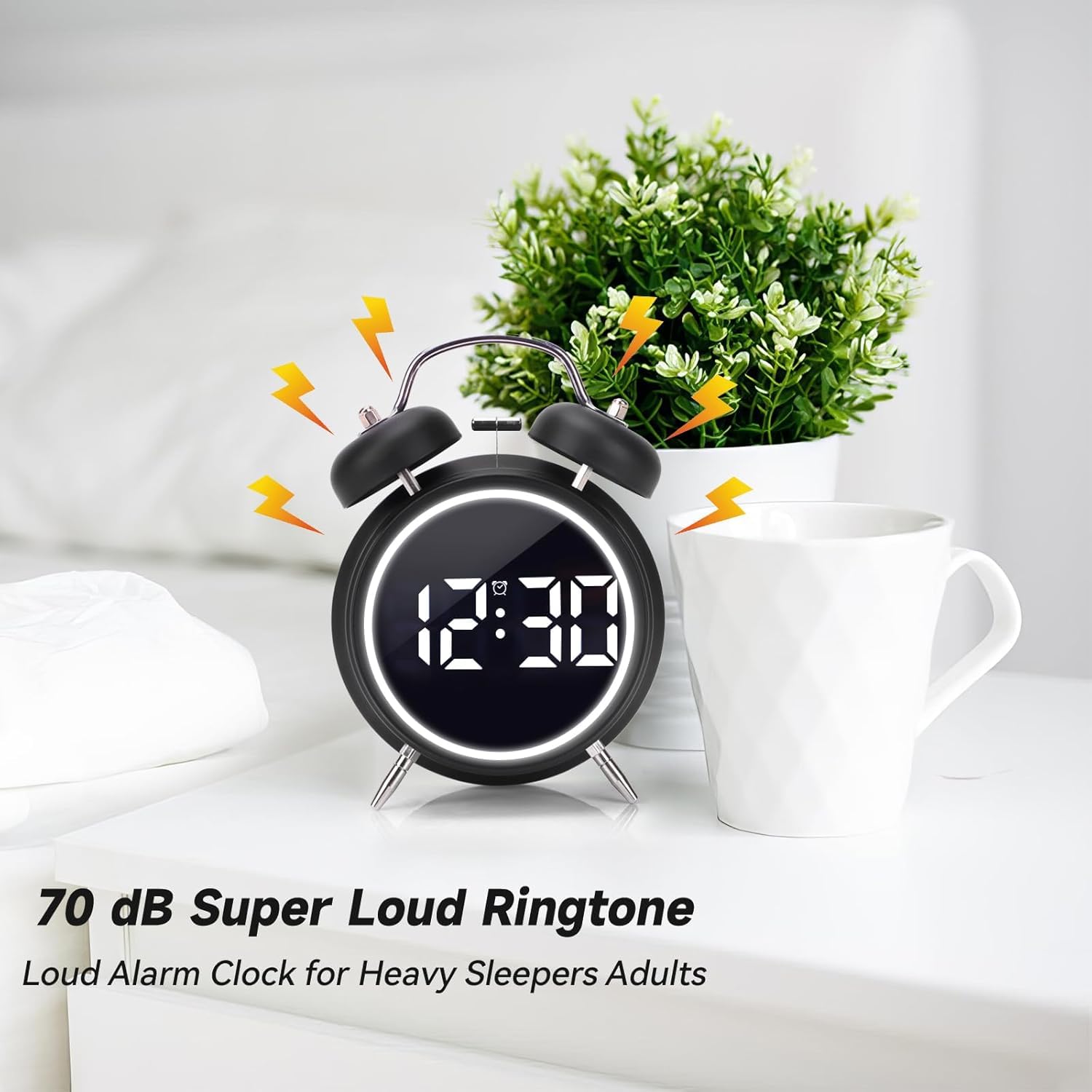 Aerys 4.5-Inch Digital Alarm Clock, Double Bell Led Silent Metal Clock With Night Light, Loud Bedside Alarm For Heavy Sleepers,