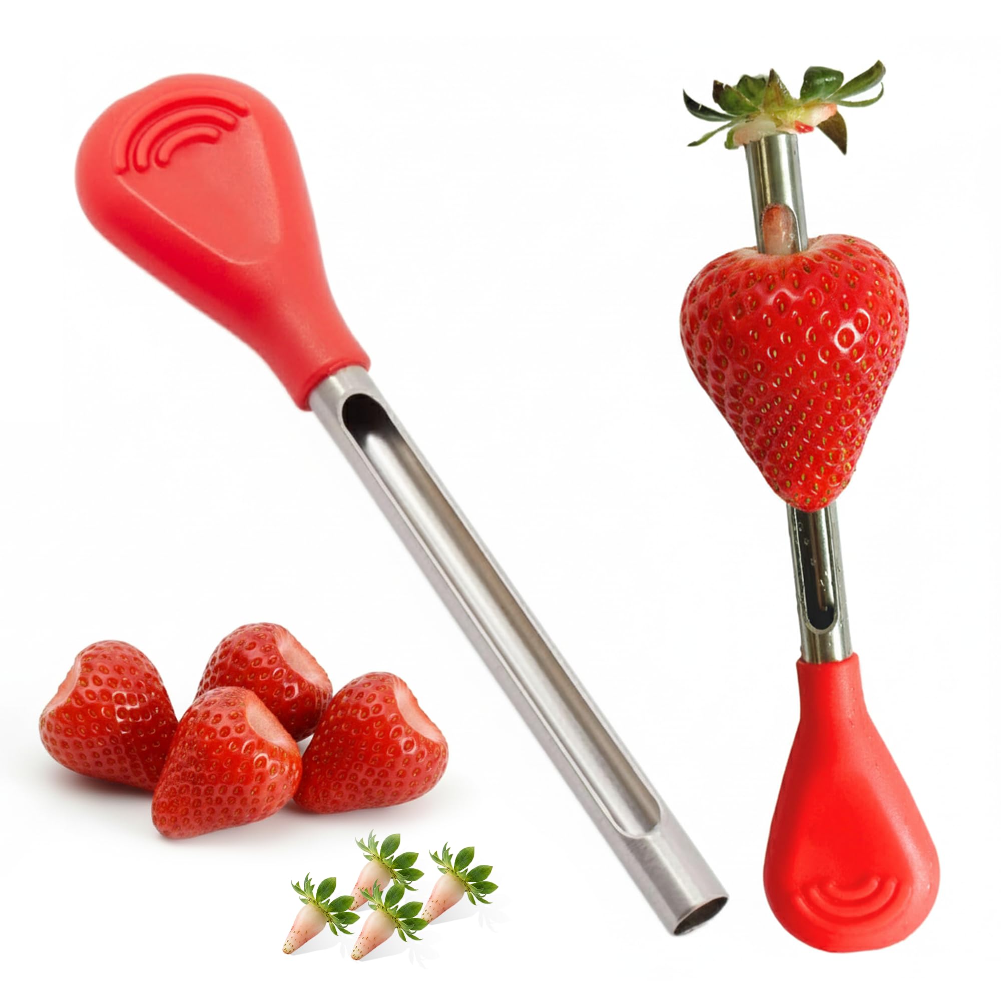 Iconikal 2-Pack Strawberry Huller and Pitter, Stainless Steel Core Remover, 5-inch, Red Handle