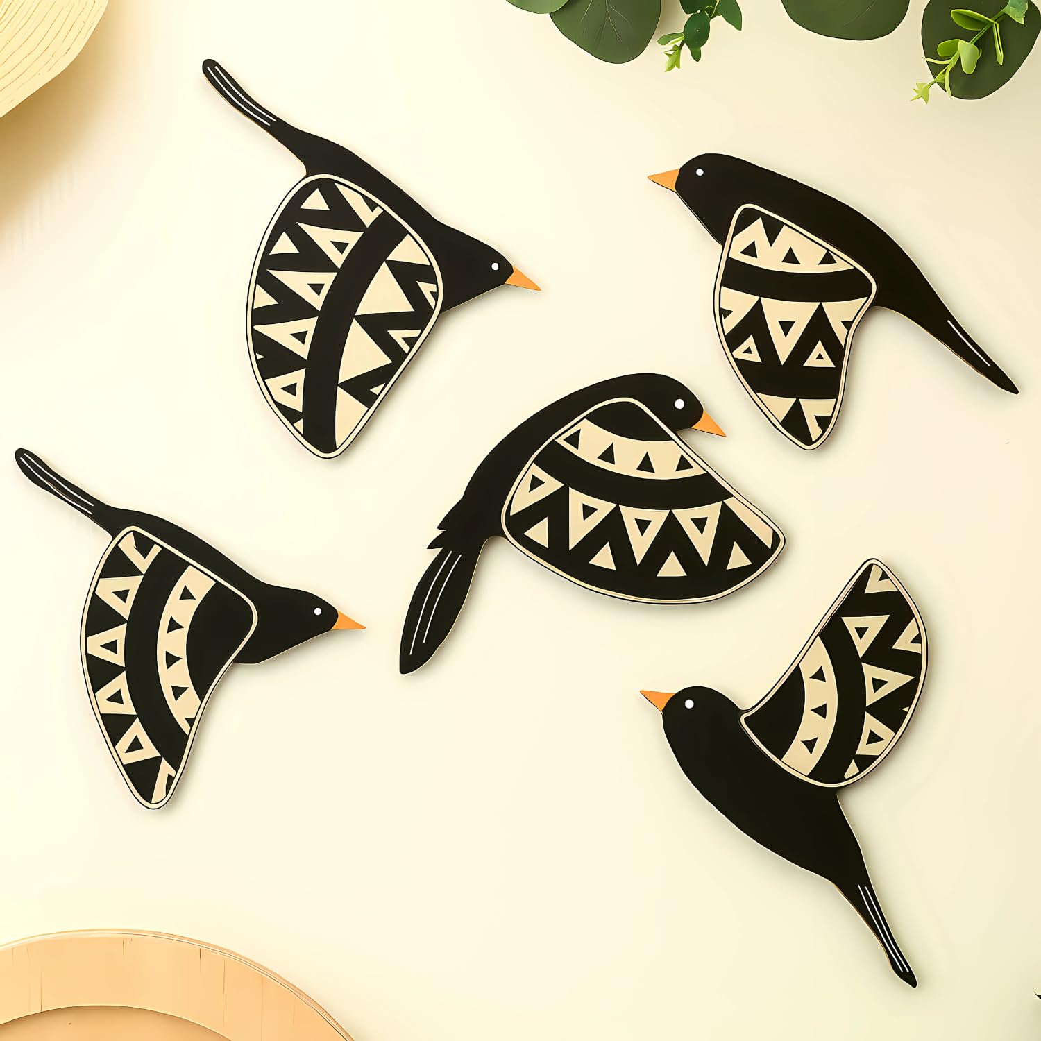 Giftoday Wooden 3D 5 Pieces Birds For Wall Art Panel | Wood Bird Folk Art Wall Hanging Art Decoration Item For Living Room, Bedr