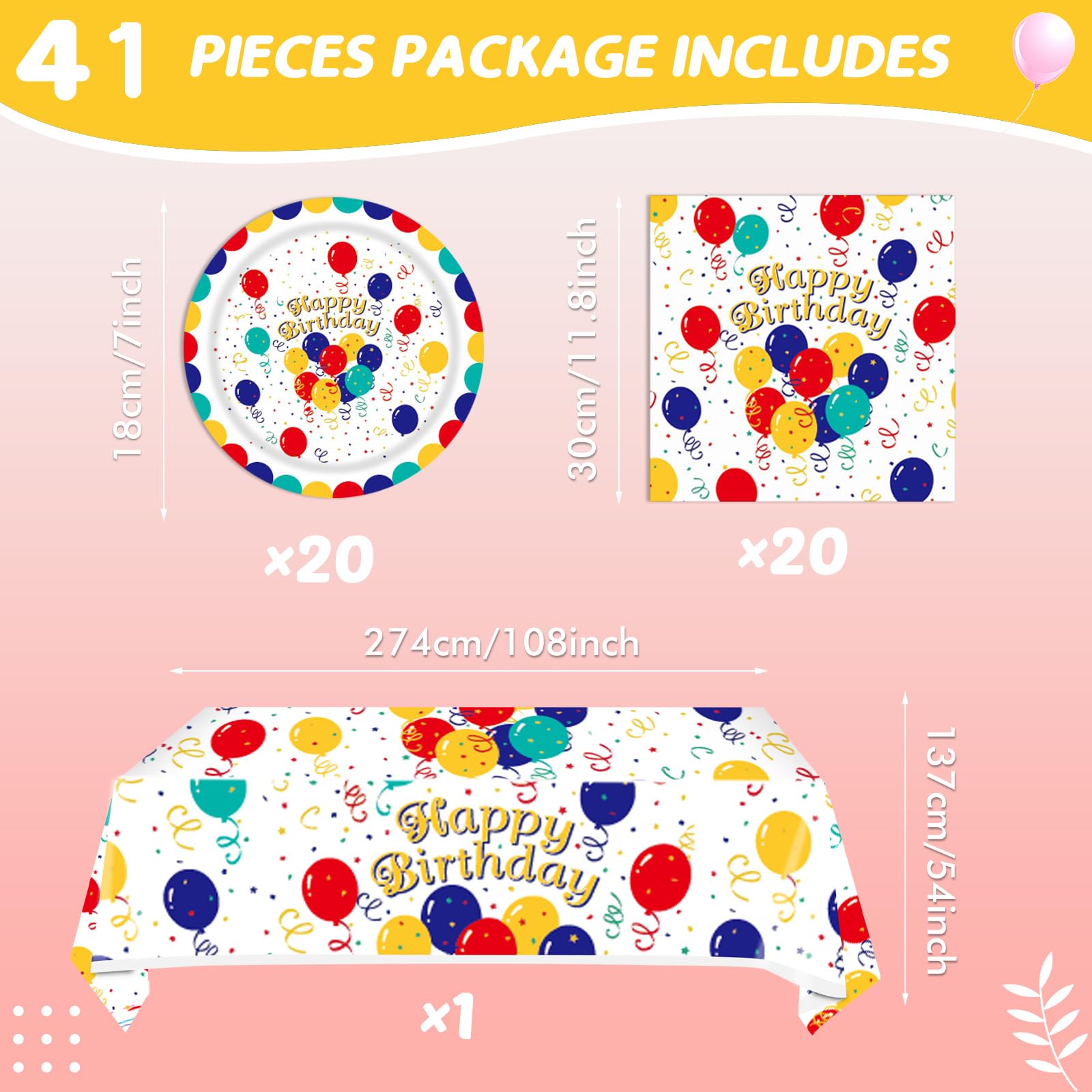 41Pcs Birthday Party Decorations Happy Birthday Colorful Balloons Disposable Paper Plates Napkins Tablecloth For Kid'S Birthday