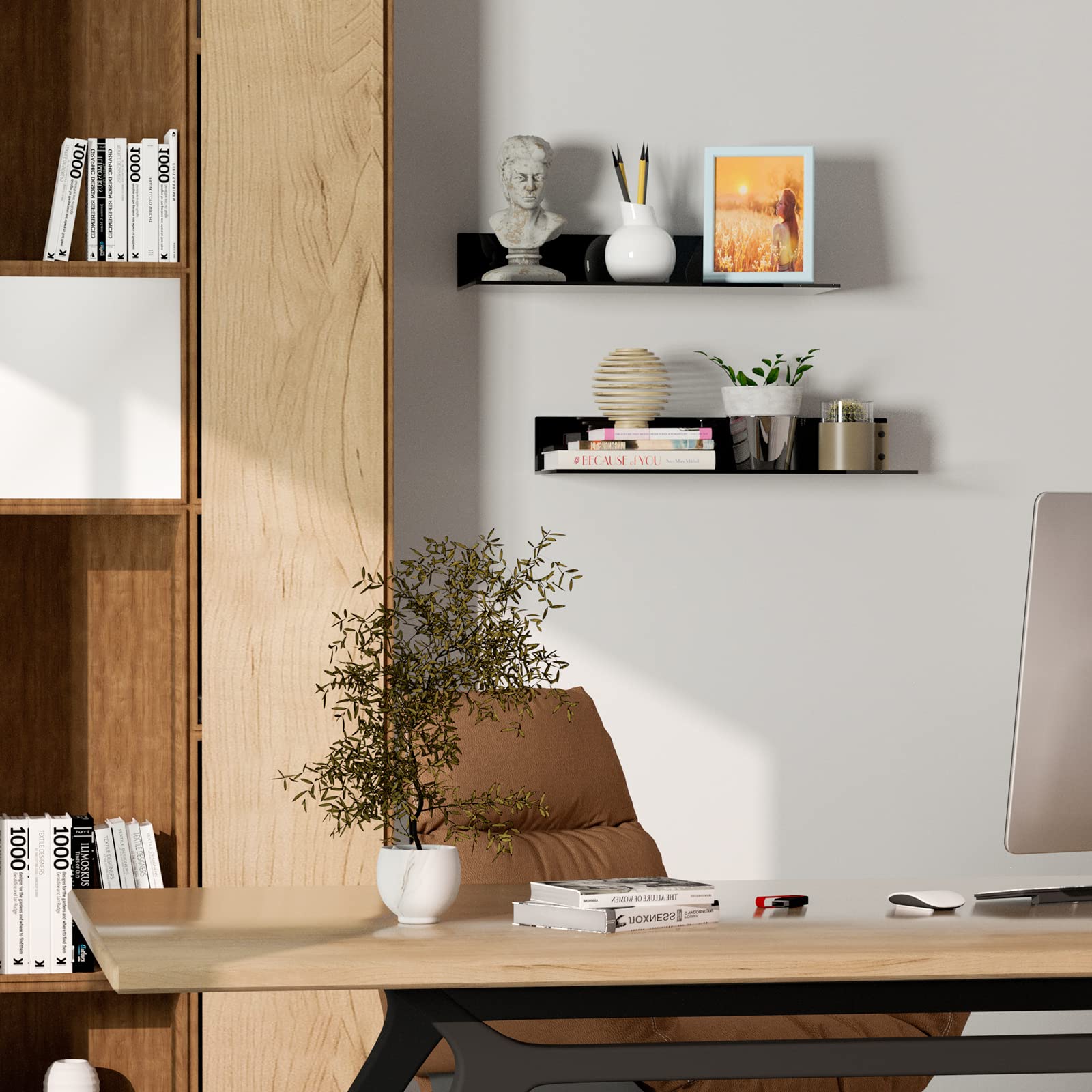 Sezanrpt 2 Pack Acrylic Wall Shelves 17 Inches, Black L Shape Floating Shelf, Acrylic Corner Shelf, Perspex Wall Display Shelves