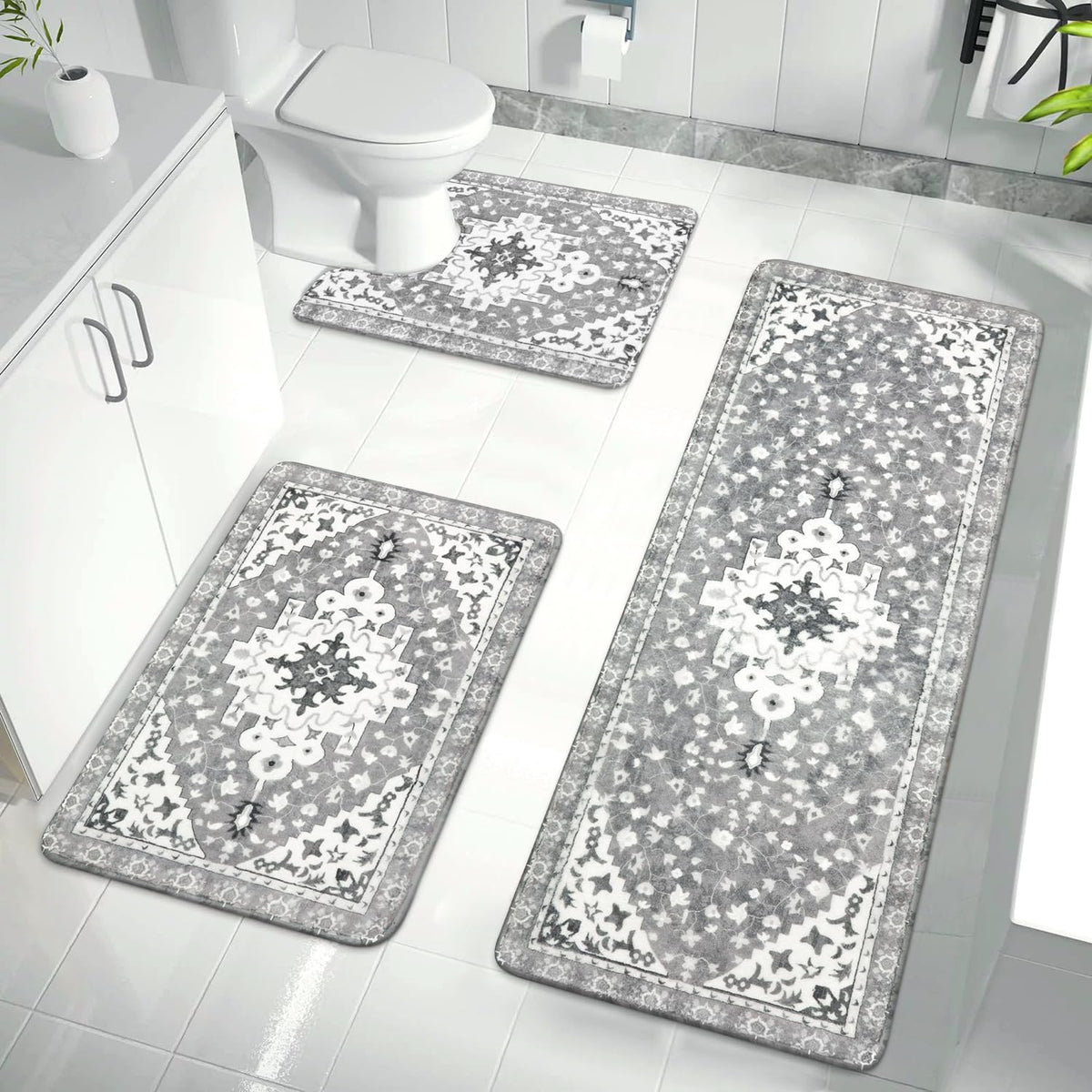 Uphome Boho Vintage 3 Piece Bathroom Rug Set Gray Non-Slip Soft Long Bathroom Rugs With U-Shaped Contour Toilet Rug Machine Wash