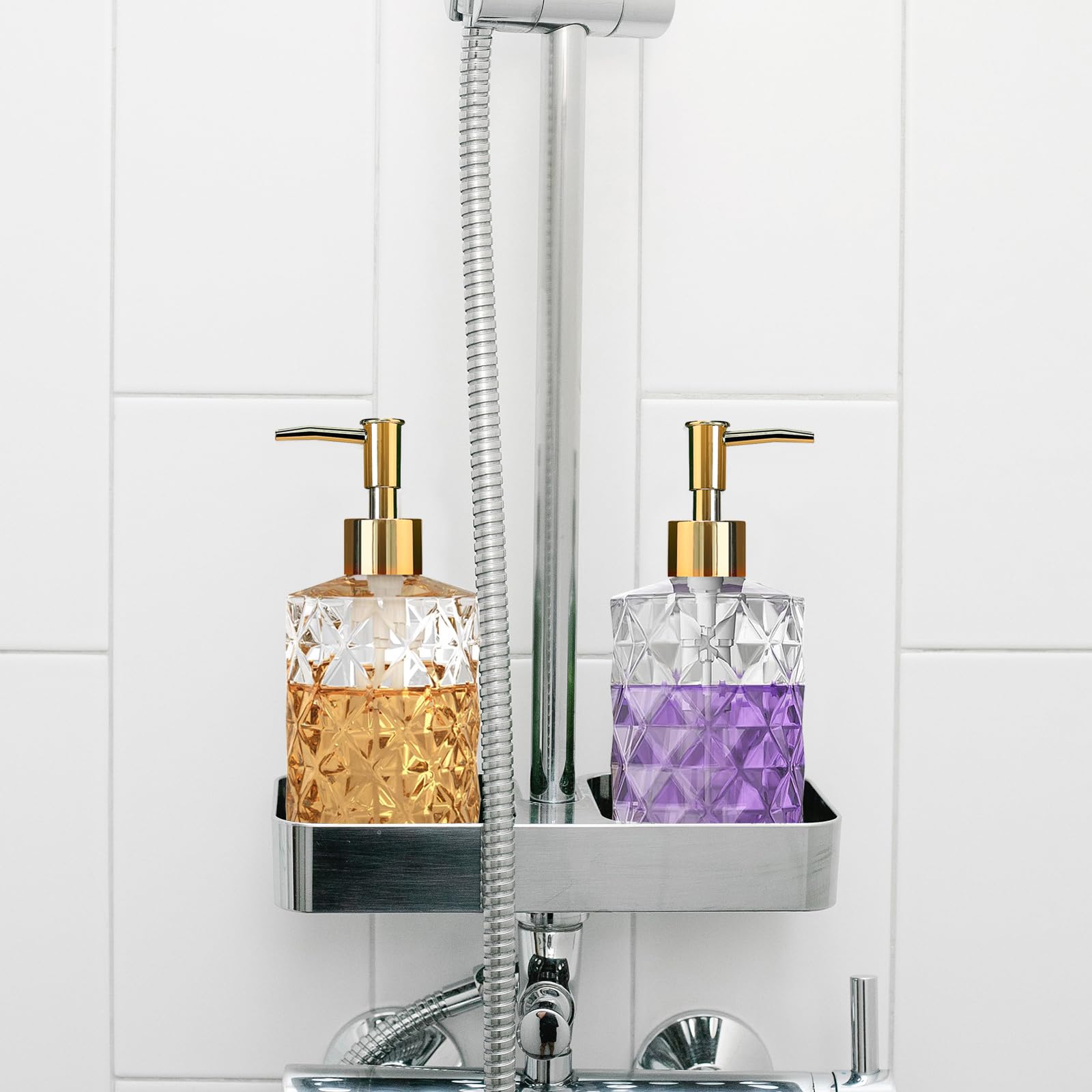 Clear Glass Soap Dispenser With Gold Plastic Pump, 2 Pack 12Oz Diamond Hand Soap Dispenser, Refillable Lotion Dispenser & Dish S