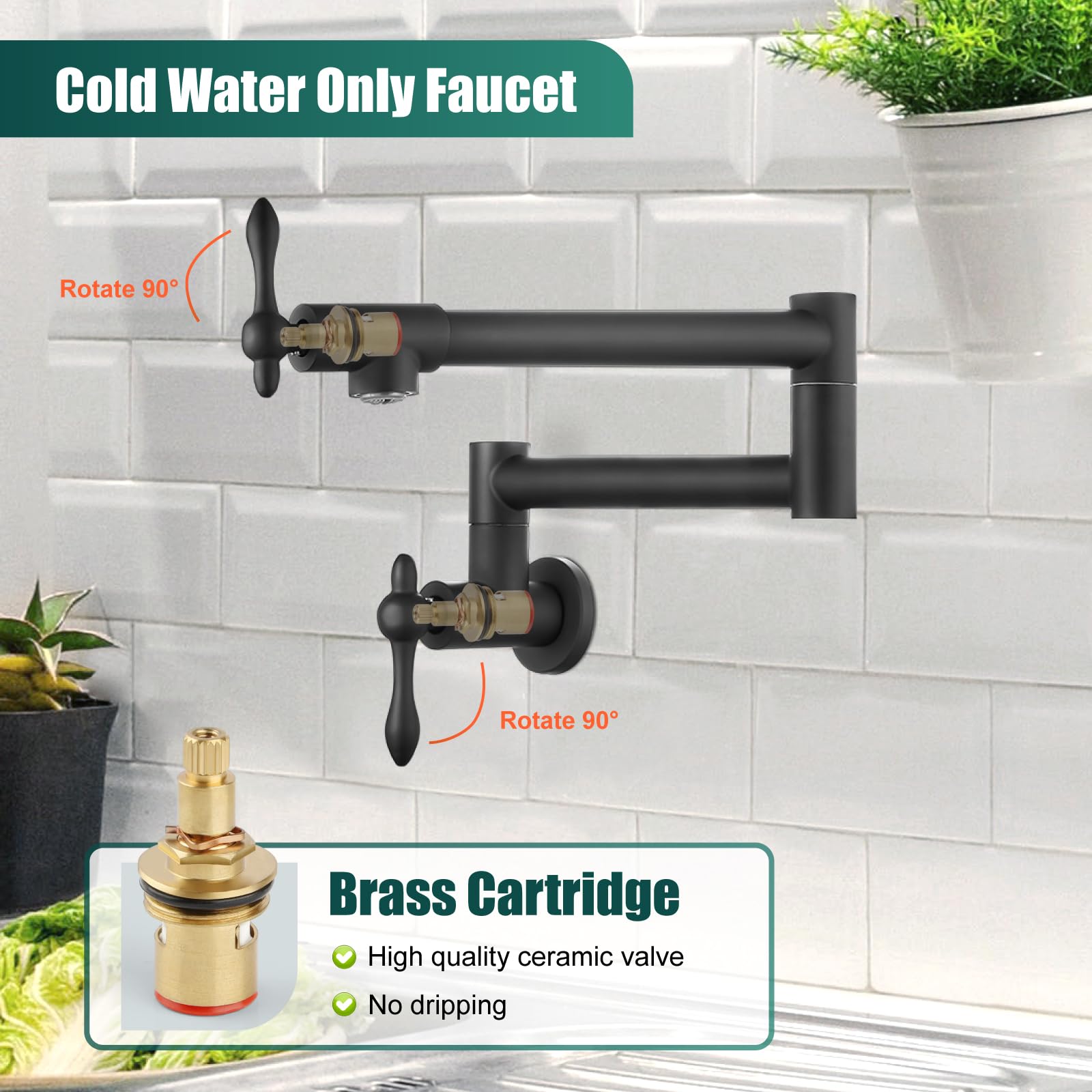 Heyalan Stainless Steel SUS304 Matte Black 19'' Pot Filler Faucet Double Joint Spout Stretchable Swing Arm with Single Hole Two Handles Wall Mounted Commercial Kitchen Faucet