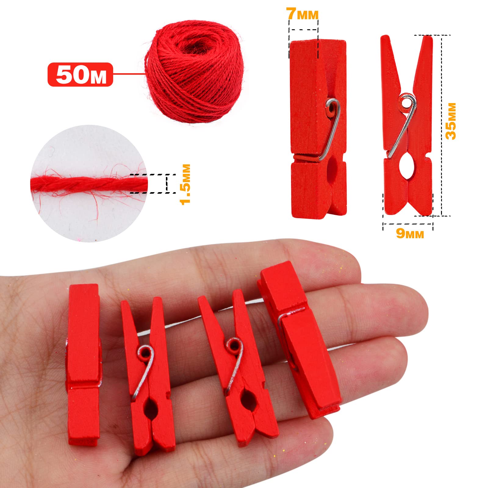 Bronagrand 50 Pieces Red Wooden Clothespins Photo Paper Clips Mini Laundry Peg Pins With 50 Meters Twine For Diy Crafts Christma