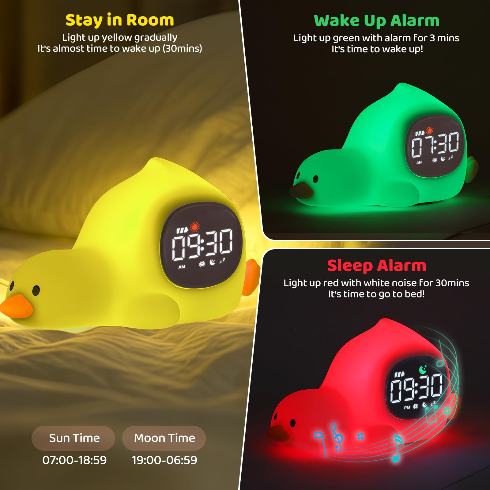 Aokpsrt Laying Duck Alarm Clock with Night Light, Sleep Training Sound Machine, Rechargeable Silicone Lamp, White