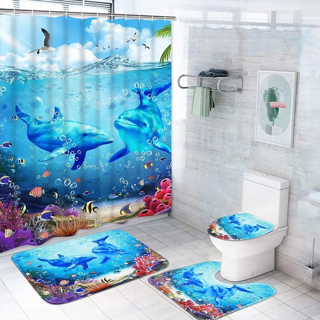 Yizheer 4Pcs Blue Ocean Dolphin Shower Curtain Sets With Rugs, Toilet Lid Cover And Bath Mat, Haunted House Shower Curtains Bath