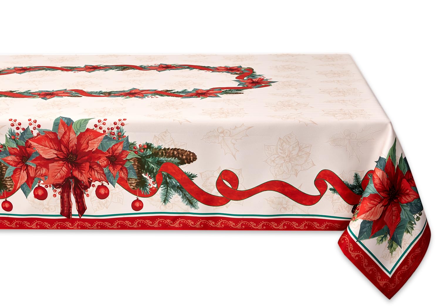 YiHomer Poinsettia Ribbon Engineered Printed Fabric Christmas Tabletop for Xmas Winter Holiday, Christmas Time, Tablecloth, 60 x