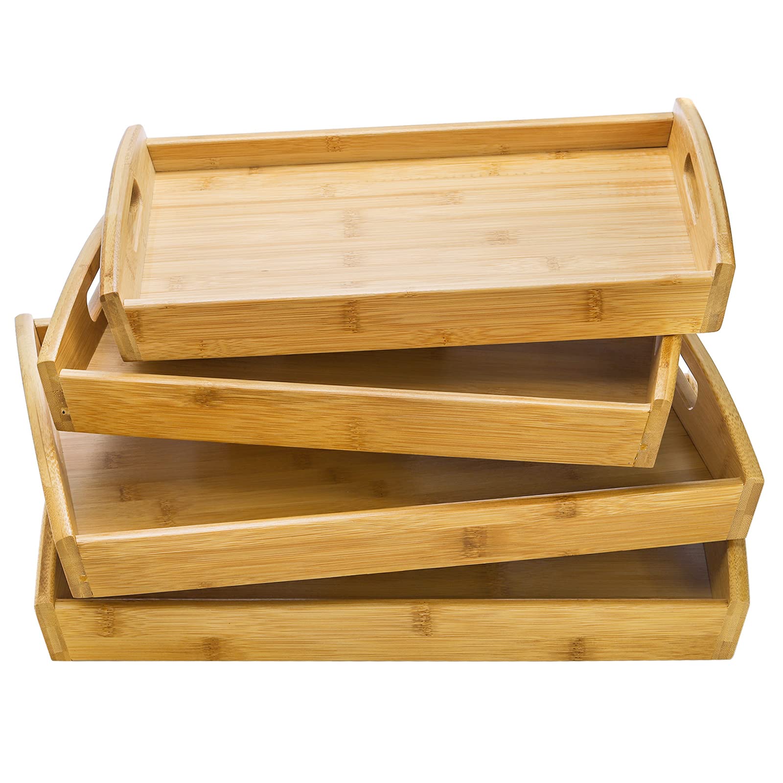 Peohud 4 Pack Bamboo Serving Trays With Handles, Rectangular Kitchen Food Tray For Eating, Dinner Trays For Eating On Couch, Woo
