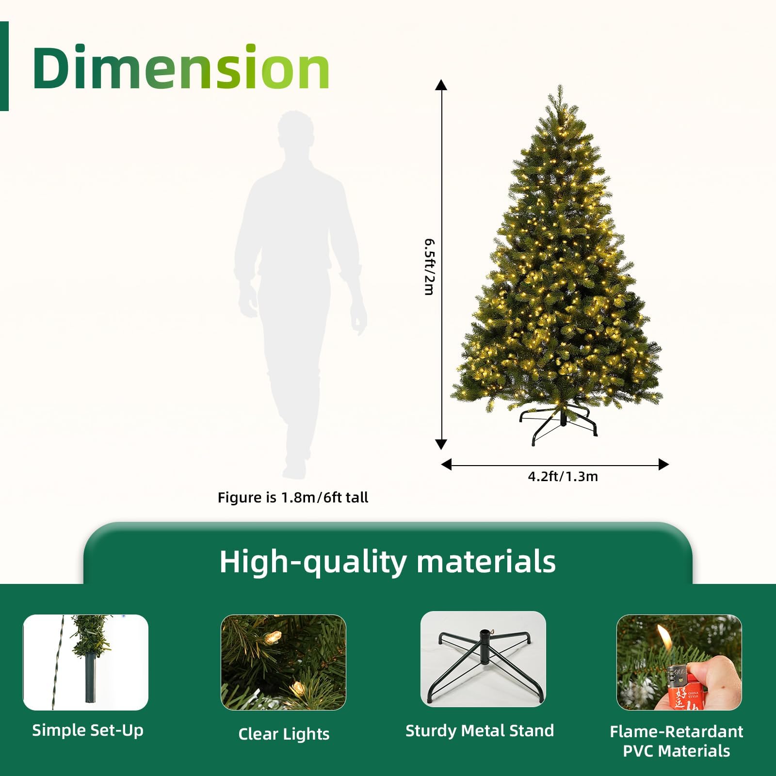 Aovotreena 6.5FT Pre-Lit Artificial Christmas Tree with 650 White Lights,1227 Mixed PE&PVC Branch Tips,Green Full Downswept Doug