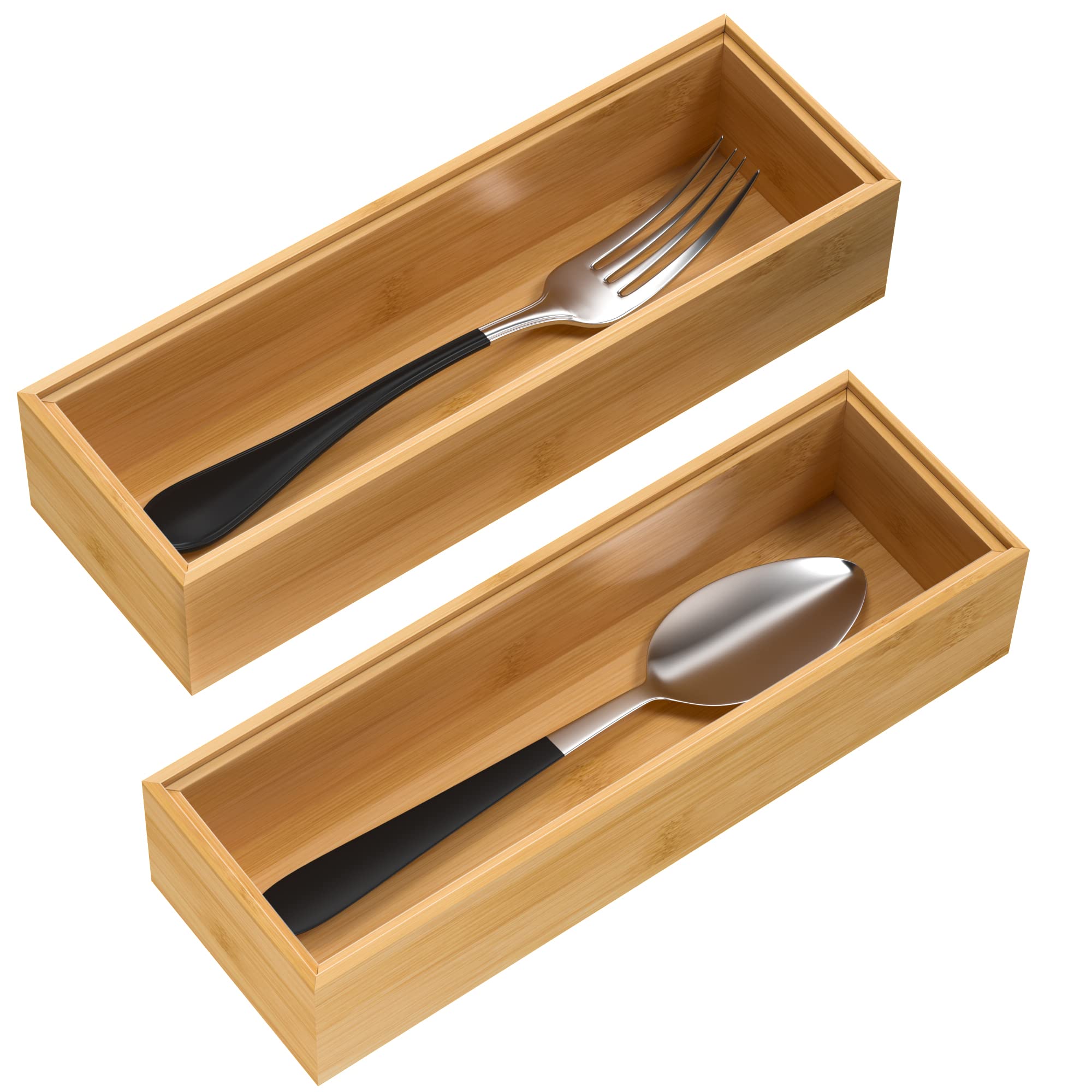VeyFey Silverware Tray for Drawer, Stackable Kitchen Bamboo Drawer Organizer 9 x 3 x 2 Set of 2