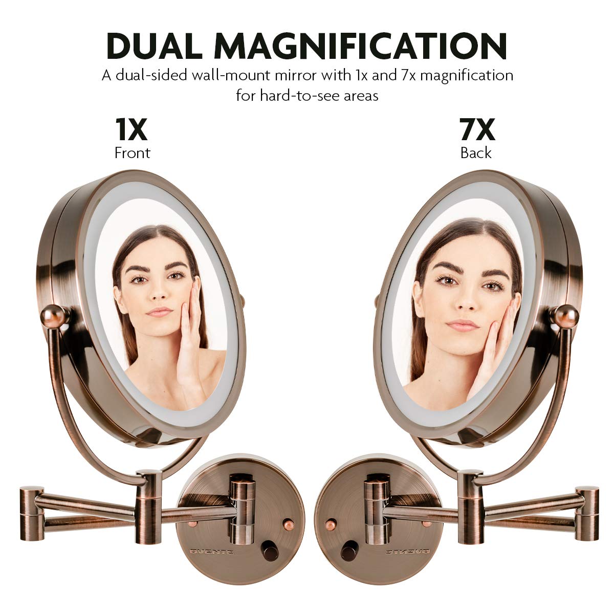 Ovente 9'' Lighted Wall Mount Makeup Mirror - 1X/ 7X Magnification, Hardwired Glow Cosmetic Light Up Mirror, Spinning 360-Degree