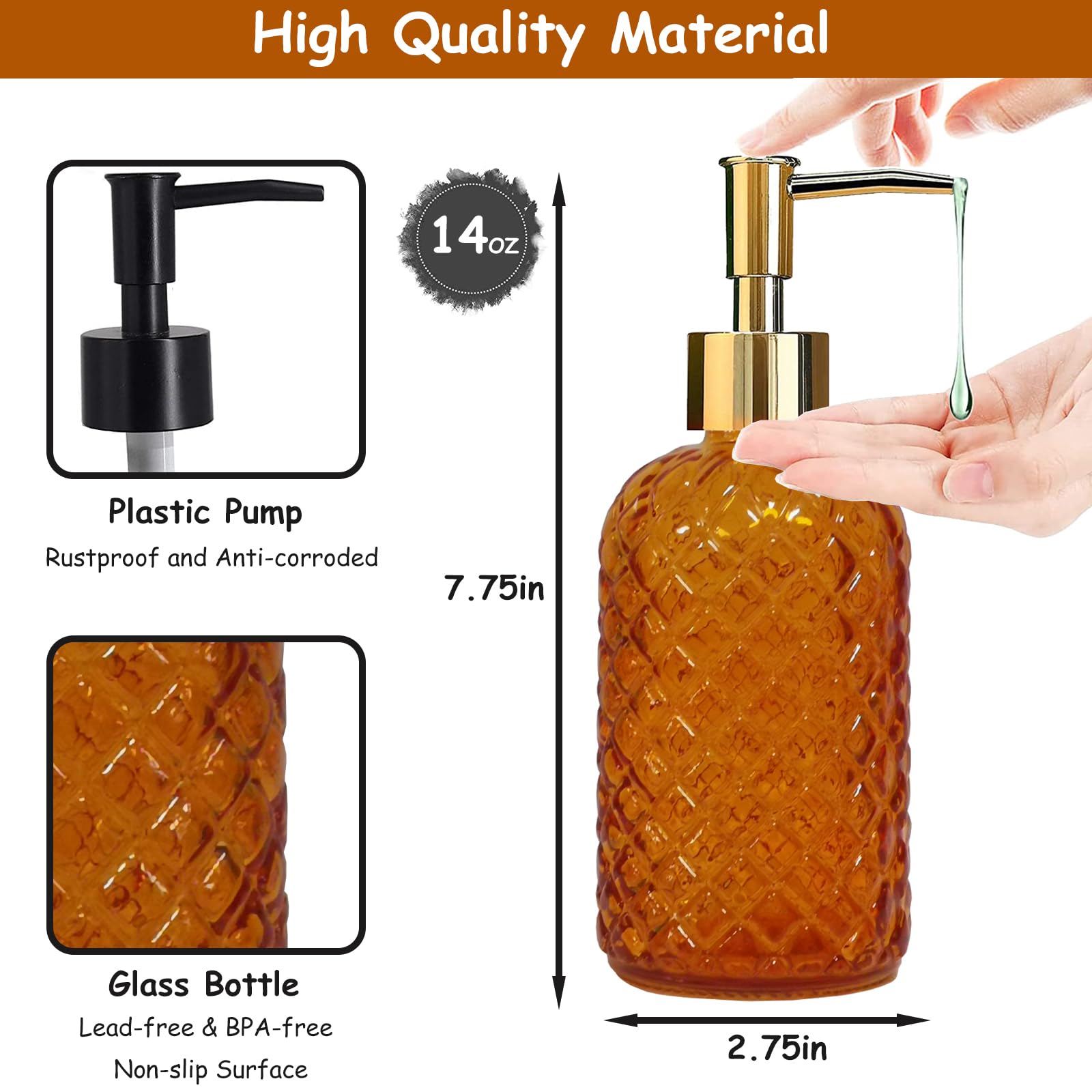 Orange Glass Soap Dispenser, 13.5Oz Bathroom Hand Dispenser, Lotion Dispenser With Gold Plastic Pump For Modern Home Decor, Kitc