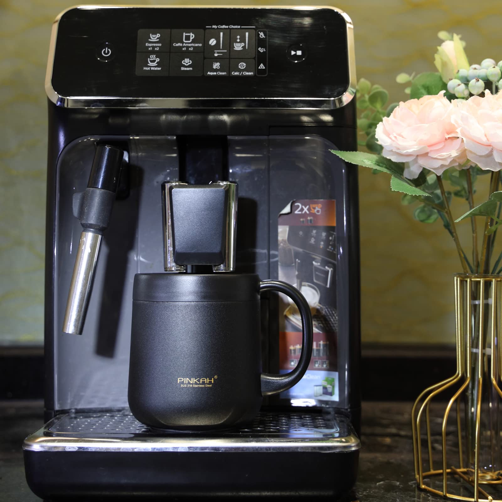 Pinkah 16Oz Stainless Steel Insulated Coffee Mug With Handle, Double Wall Vacuum Tumbler Cup With 2 Lids, Thermal Coffee Cup