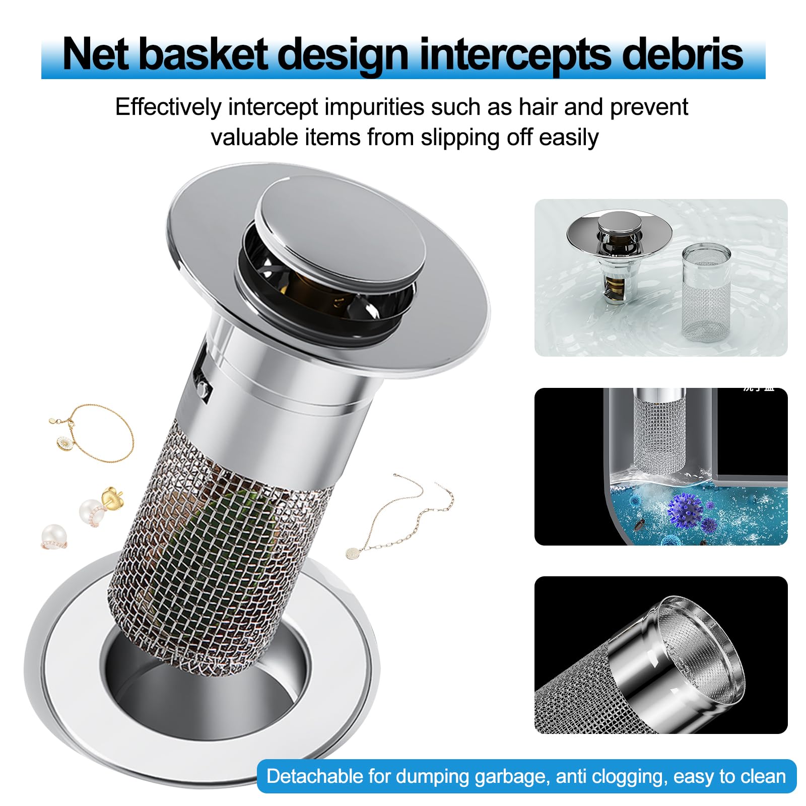 Pop Up Bathroom Sink Drain Strainer Hair Catcher, Drain Strainer For Us Universal Bathroom Kitchen Basin Sink Stopper Replacemen