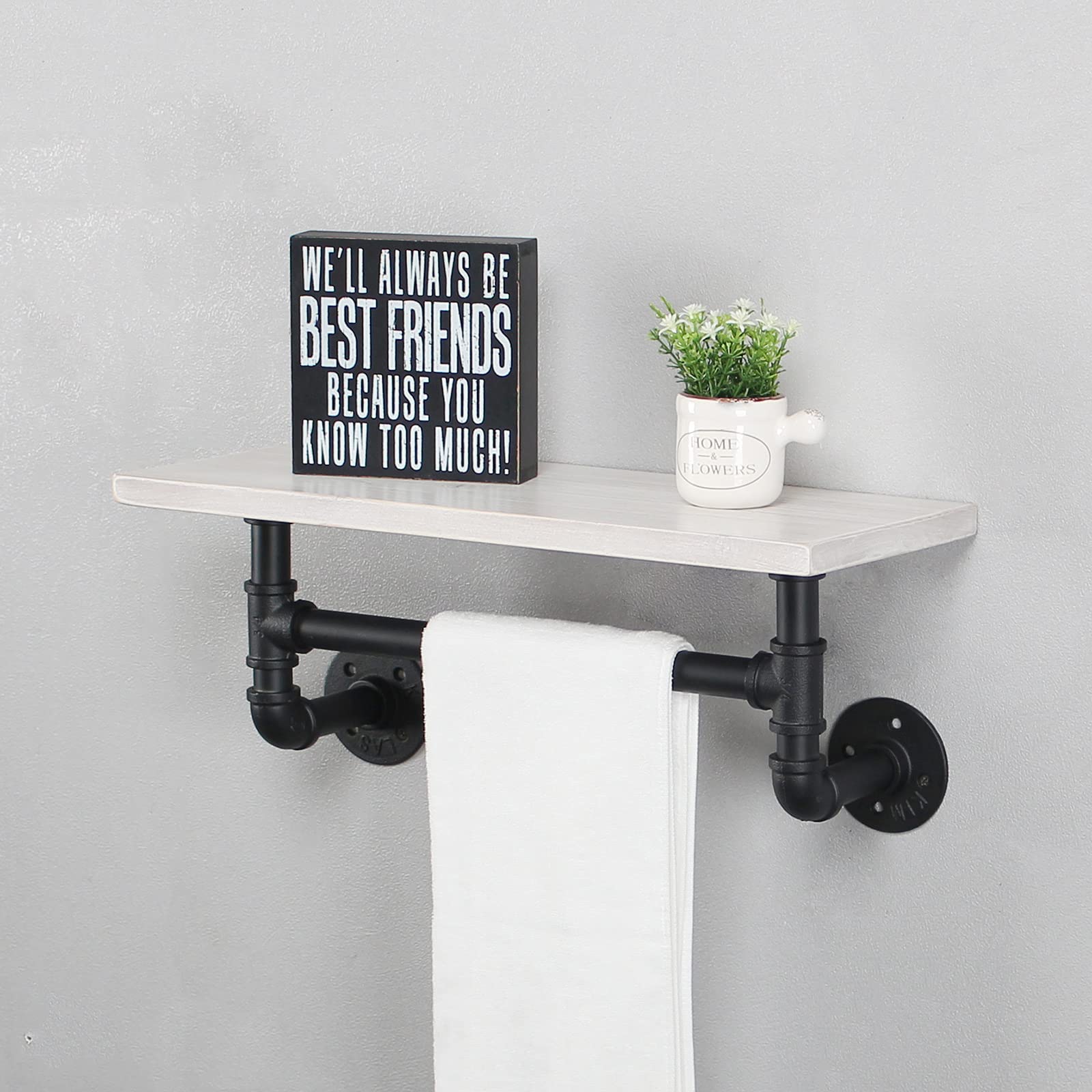 MBQQ Industrial Pipe Shelf Bathroom Shelves Wall Mounted 19.6in Rustic Wood Shelf with Towel Bar 1 Tier Farmhouse Towel Rack Pipe Shelving Floating Shelves Towel Holder Black & White