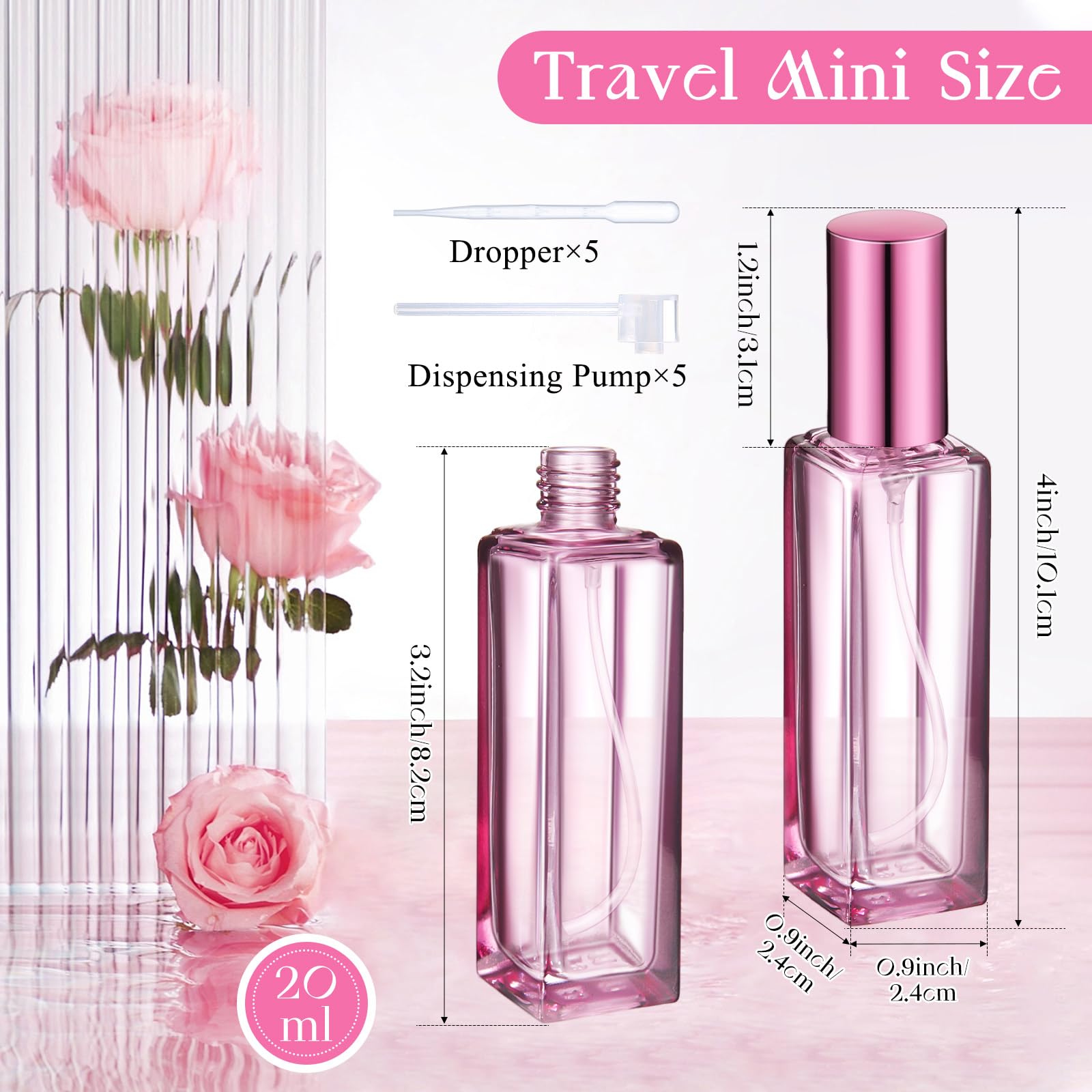 Domensi 5 Pcs 20ml Perfume Bottles Empty Travel Refillable Mini Perfume Bottle Decanter Portable Leakproof Glass Atomizer Spraye