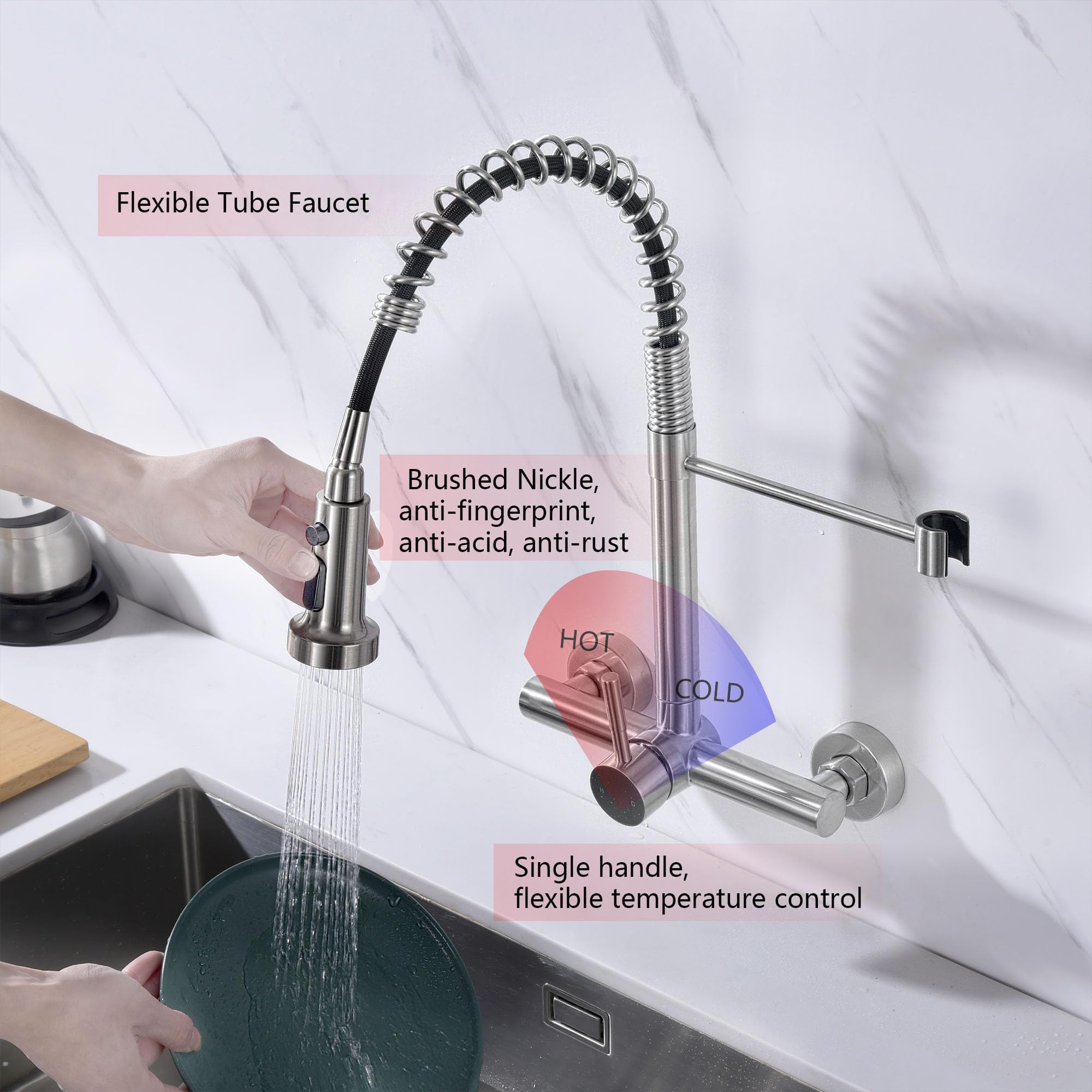 Zhyich Wall Mount Kitchen Faucet With Pull Out Sprayer, 8 Inch Center Commercial Kitchen Sink Faucet, Spot-Free Stainless Steel,