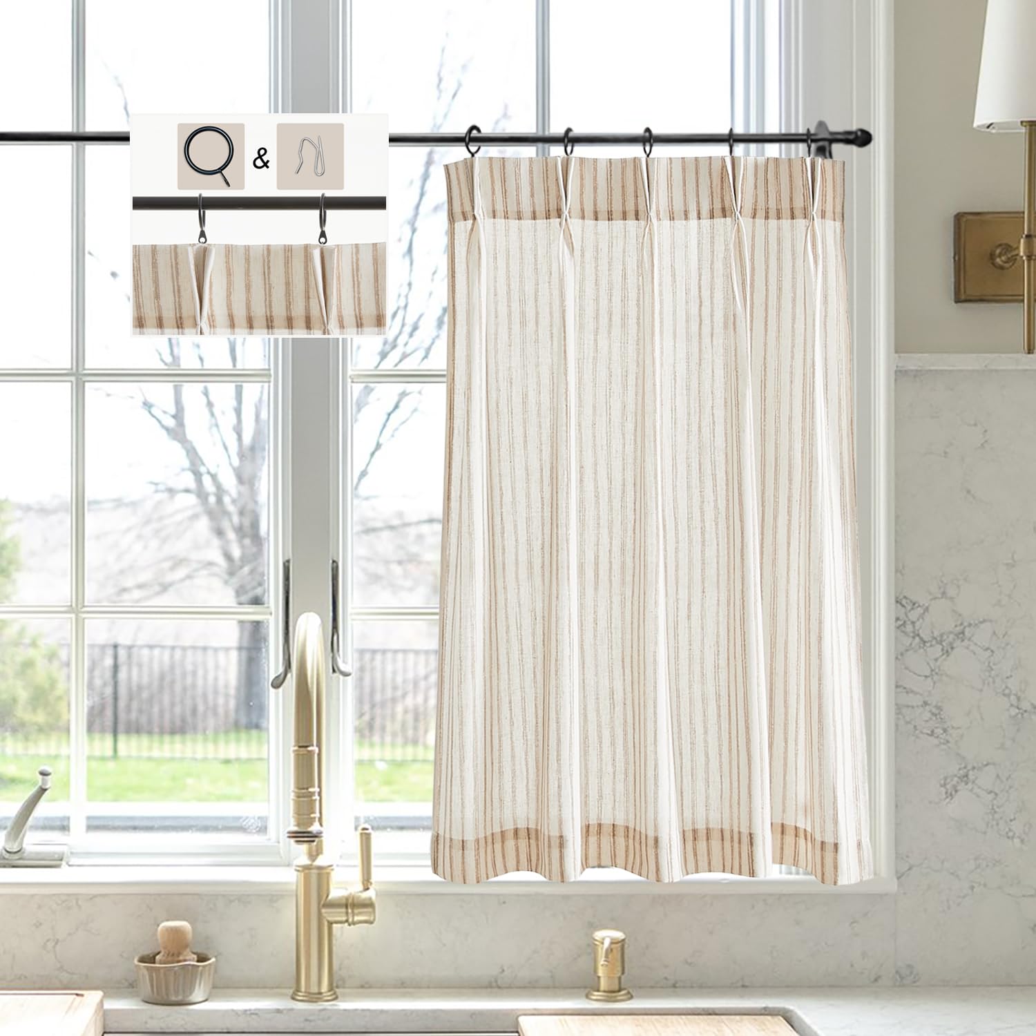 LIMON HOME Beige Striped Linen Kitchen Curtains 36 inch Length Pinch Pleat Cafe Curtains 1 Panels