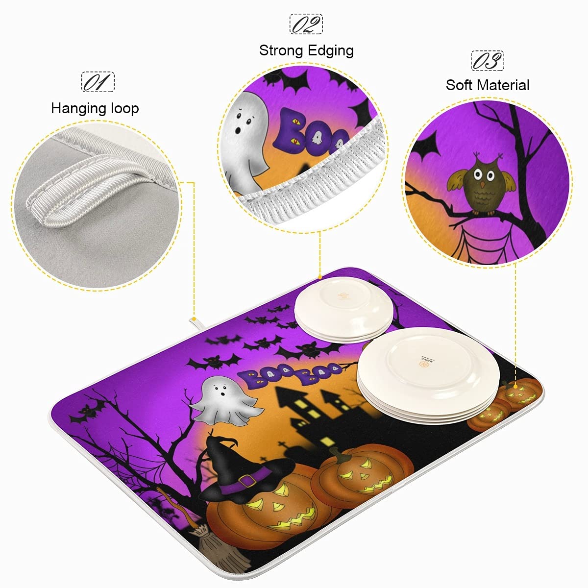 Happy Halloween Pumpkin Ghost Dish Drying Mat 16X18 For Kitchen Counter Witch Skull Purple Reversible Dishes Pad Dish Drainer Ra