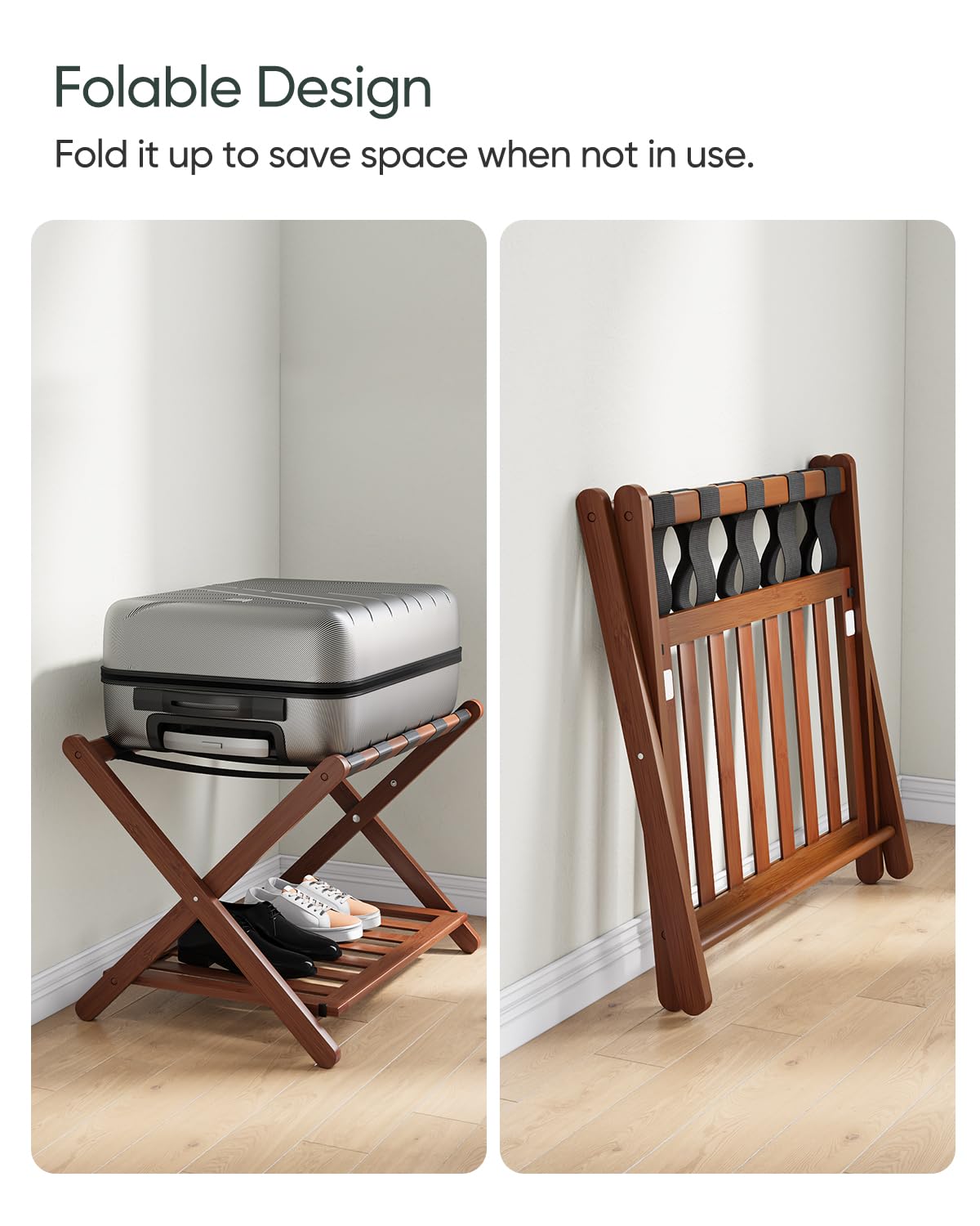 Smart Fendee Fully Assembled Walnut Bamboo Luggage Racks With Storage Shelf, 5 Heavy-Duty Straps Folding Suitcase Stand, Large L