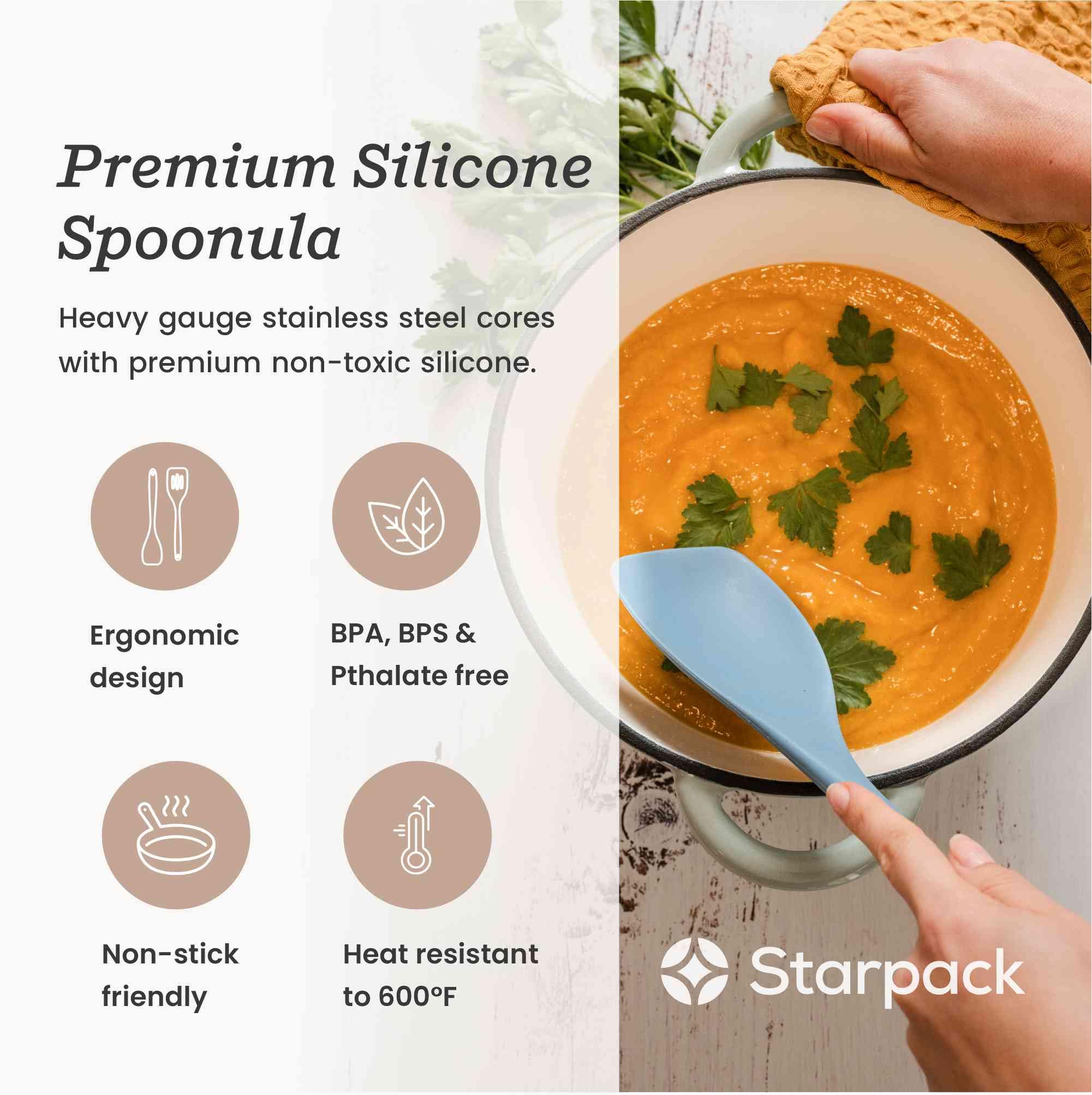 StarPack Premium Silicone Spoonula Spatula, Heat Resistant to 600°F, Light Blue, 10" - Durable Nylon Core, Ideal for Cooking