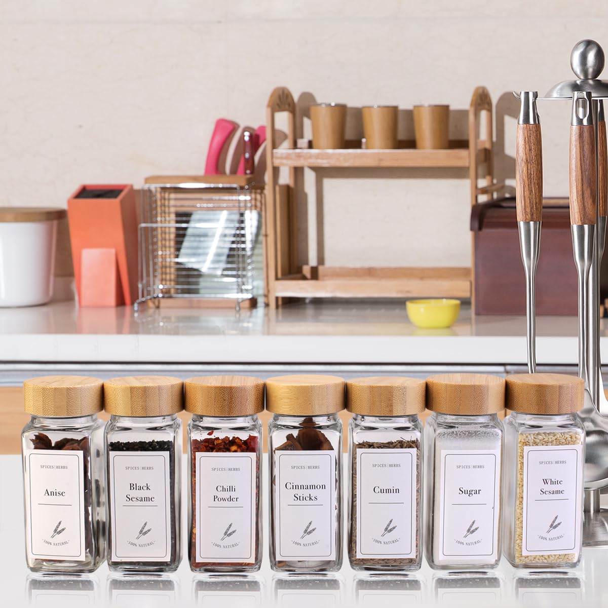 MONICA 14 Glass Spice Jars with Bamboo Airtight Lids and 5 Types of Spice Labels-4oz Empty Square Spice Bottles with Shaker Lids and Silicone Collapsible Funnel Test Tube Brush Bamboo Spoons