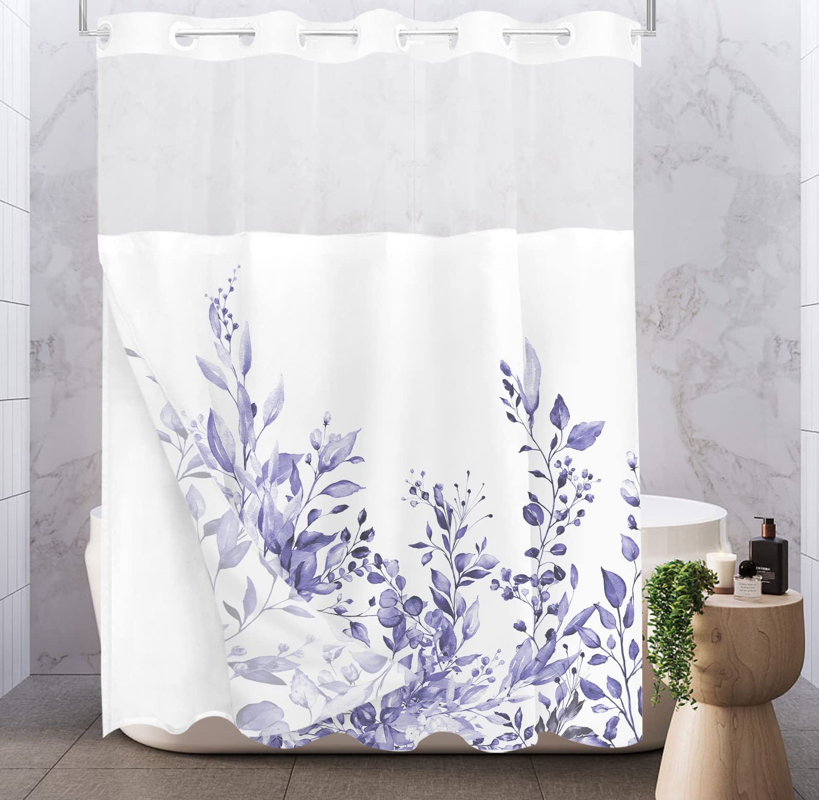 Tititex No Hooks Snap In Liner Very Peri Purple Eucalyptus Leaves Shower Curtain Sets, Hotel Luxury Double Layers Waterproof Fab