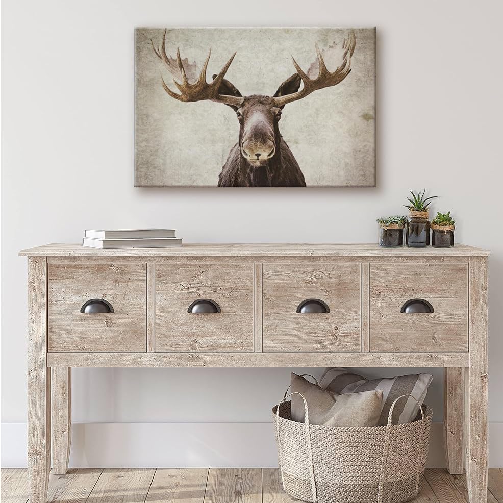 SEVEN WALL ARTS Moose Wall Art Canvas, 36"x24", Rustic Cabin Decor, Vintage Elk & Deer Painting for Living Room, Hunting Lodge Theme